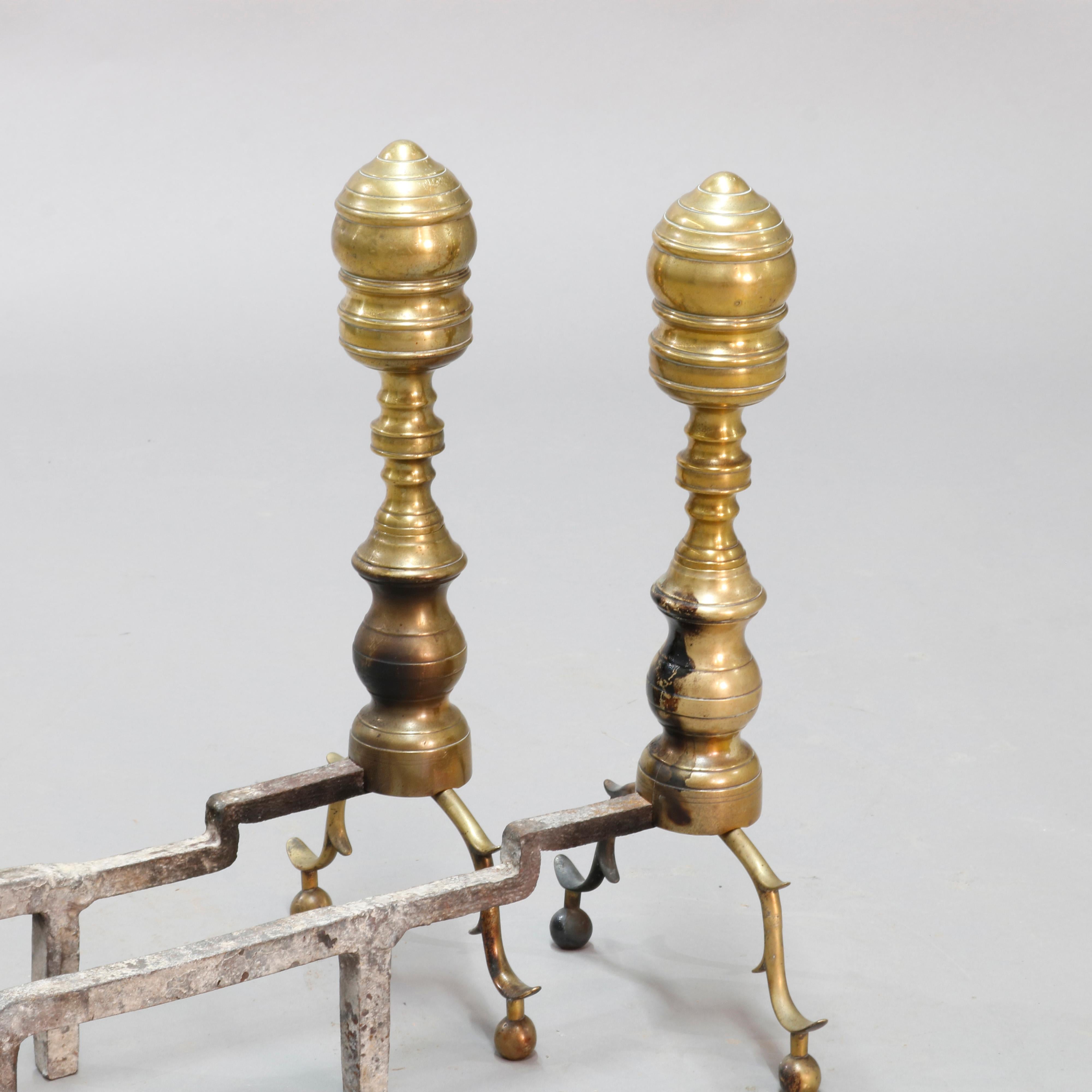 Antique Early British Colonial Brass Hand Forged Beehive Andirons, circa 1800 In Good Condition In Big Flats, NY