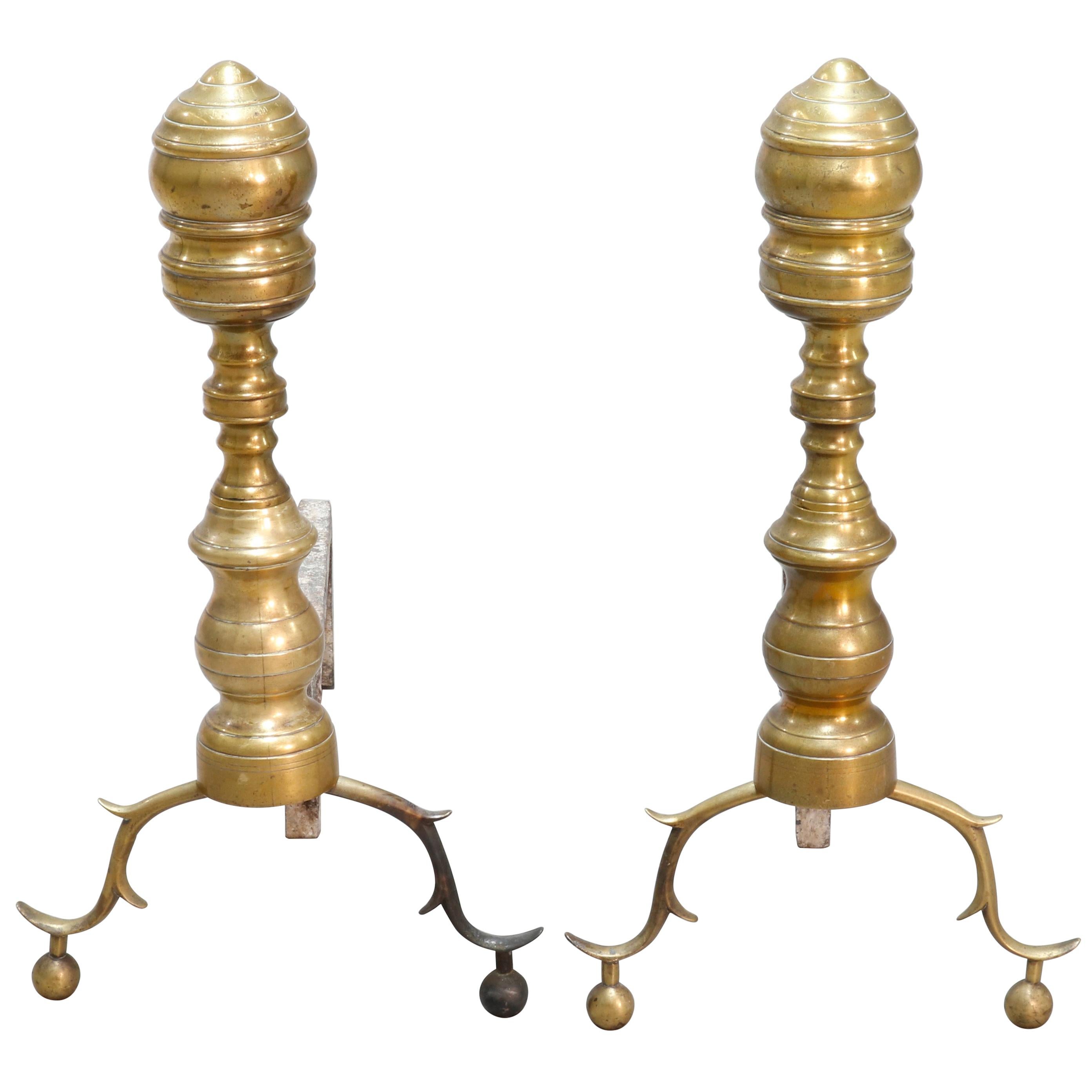 Antique Early British Colonial Brass Hand Forged Beehive Andirons, circa 1800