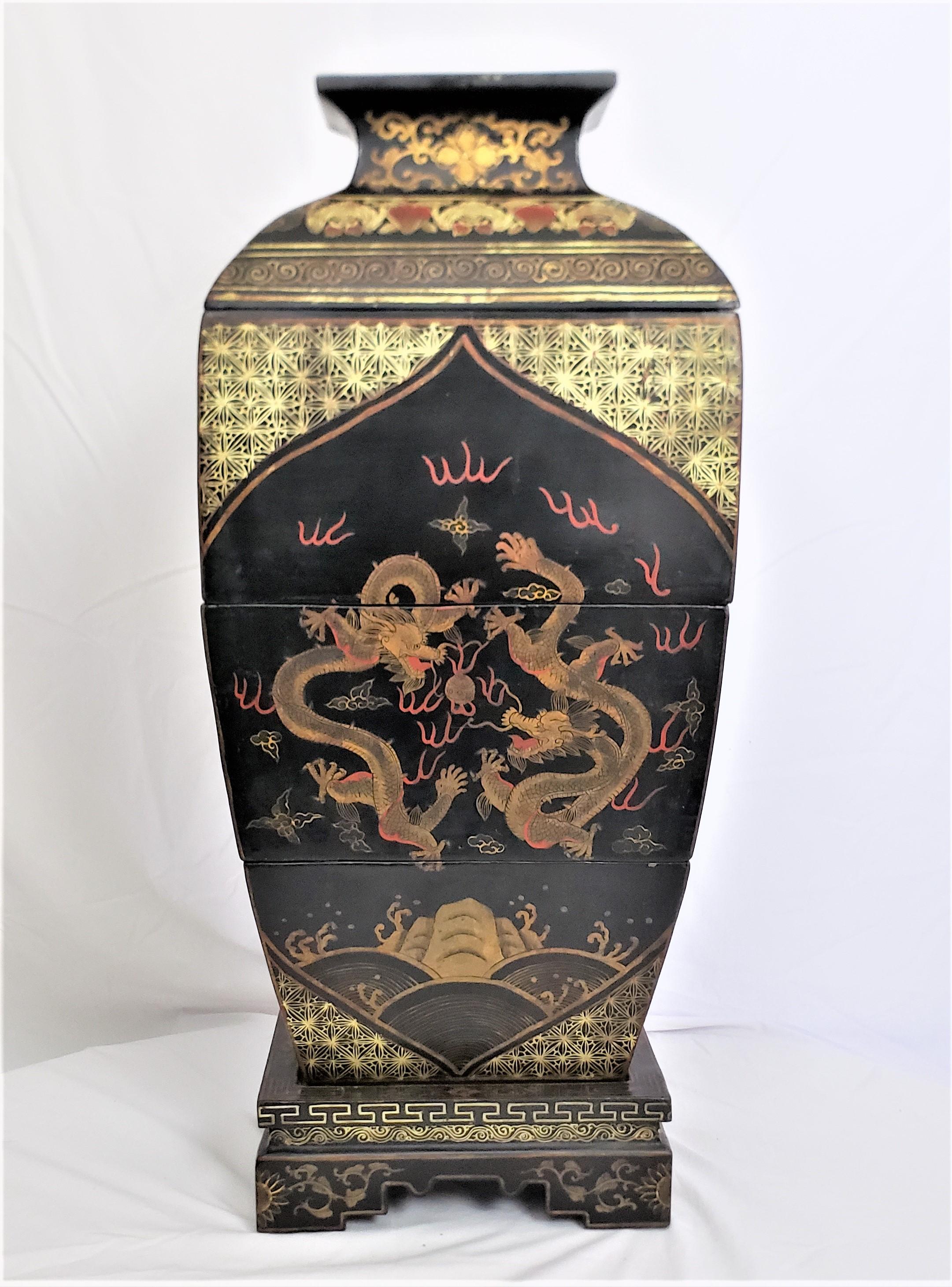 Softwood Antique Early Chinese Republic Era Stacking Lacquered Box Set with Dragon Motif For Sale
