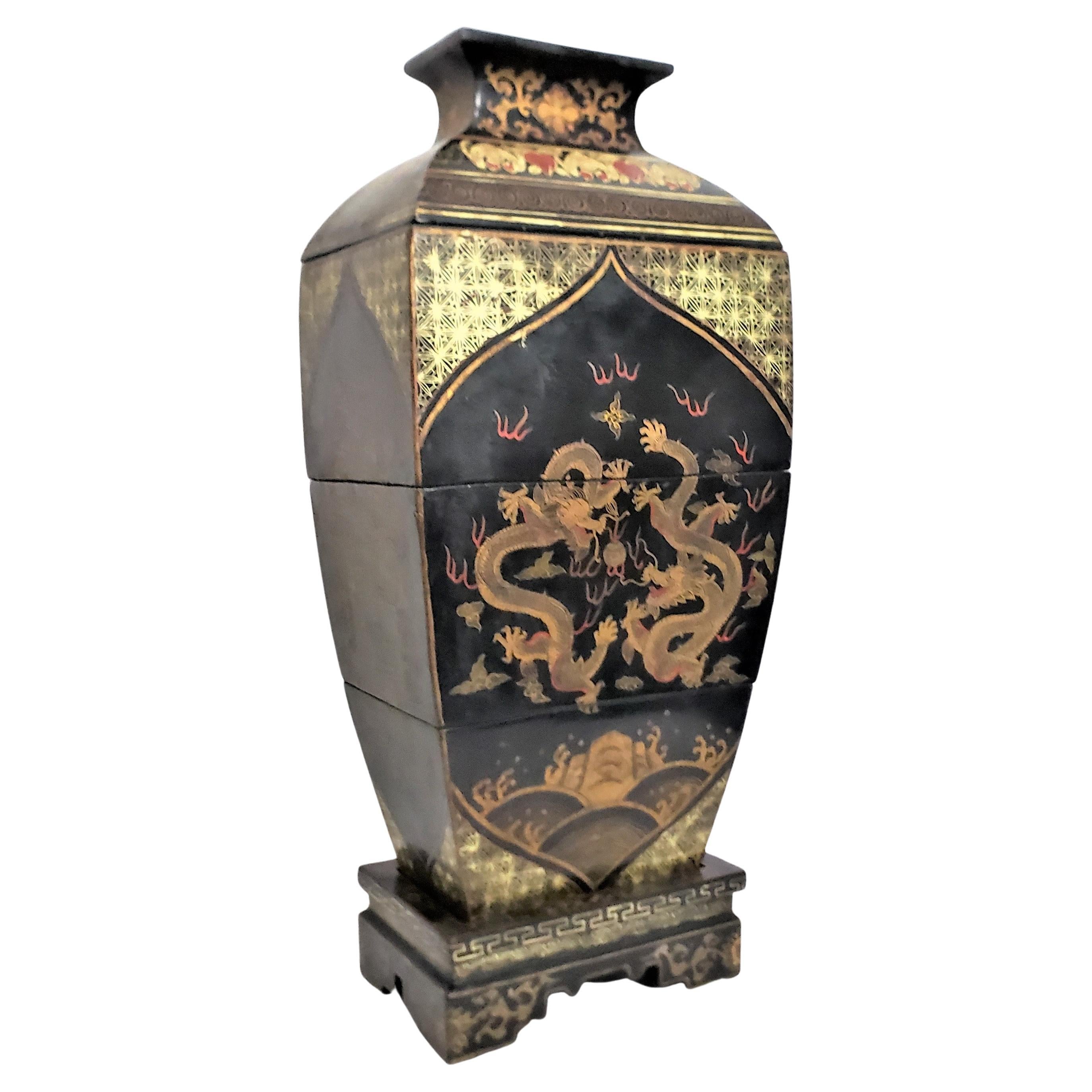 Antique Early Chinese Republic Era Stacking Lacquered Box Set with Dragon Motif For Sale