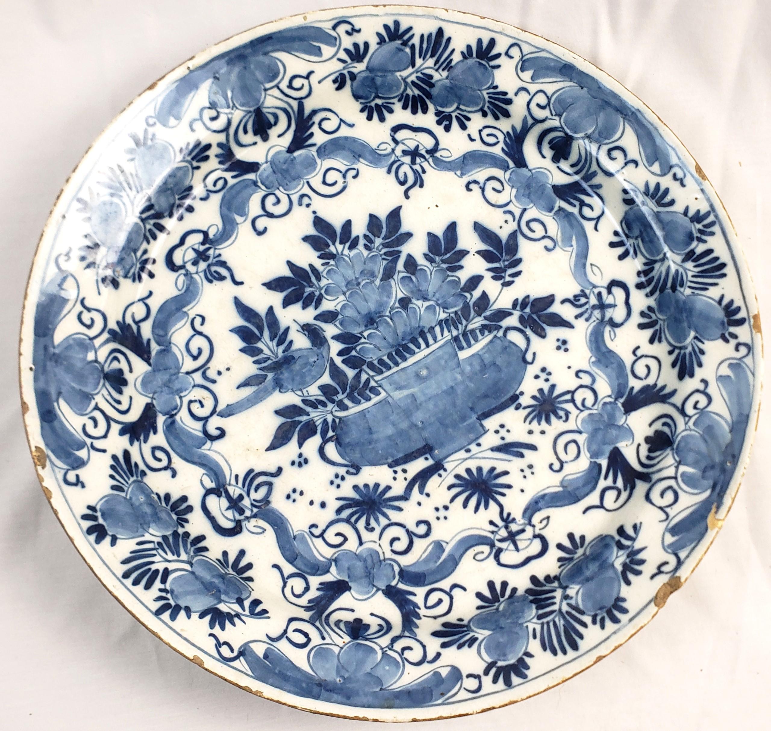 Dutch Colonial Antique Early Delftware Charger with Stylized Floral Decoration For Sale