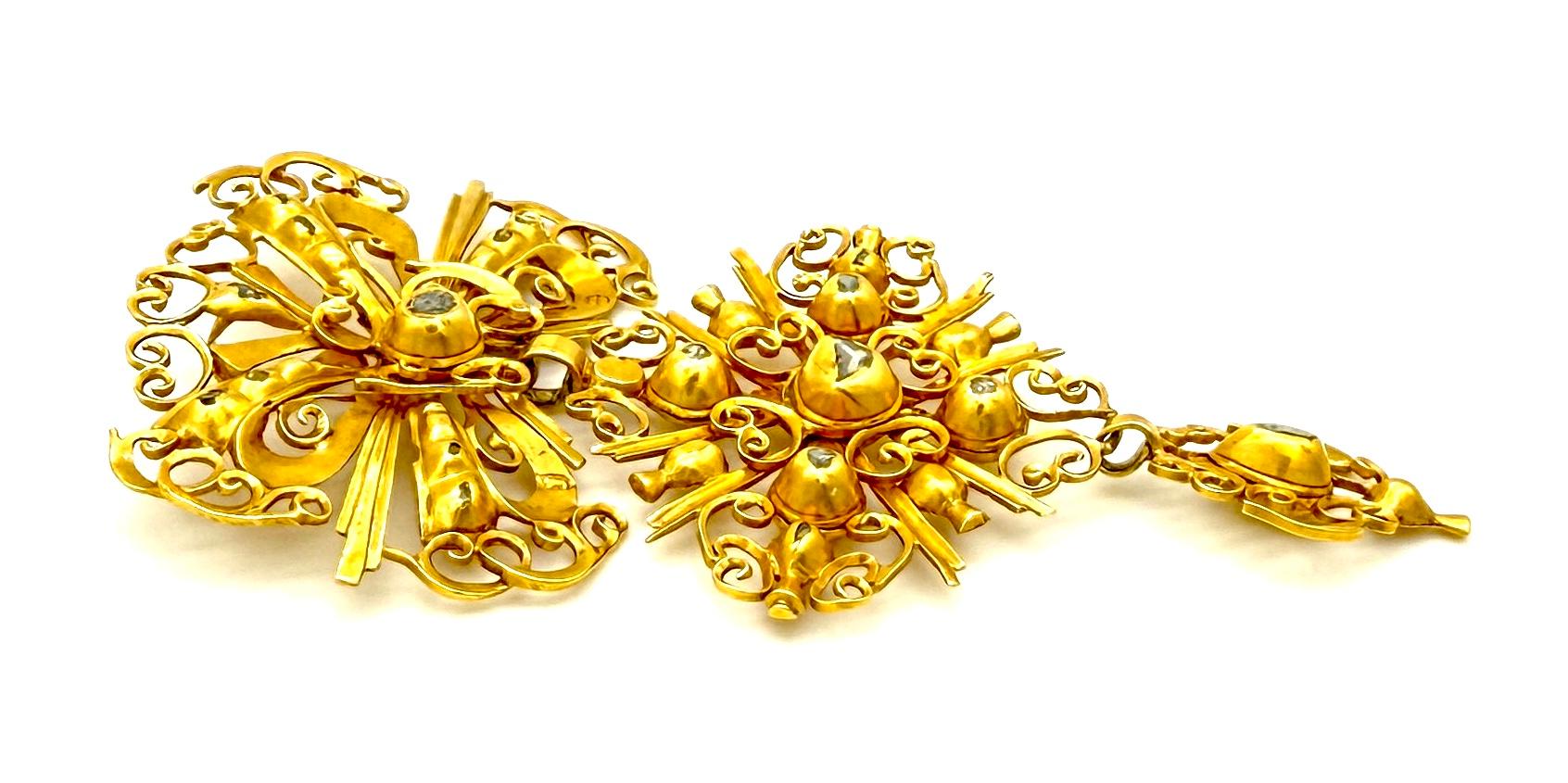 Old Mine Cut Antique Early 18th Century 18K Gold Old Mine Diamond Slide Pendant For Sale
