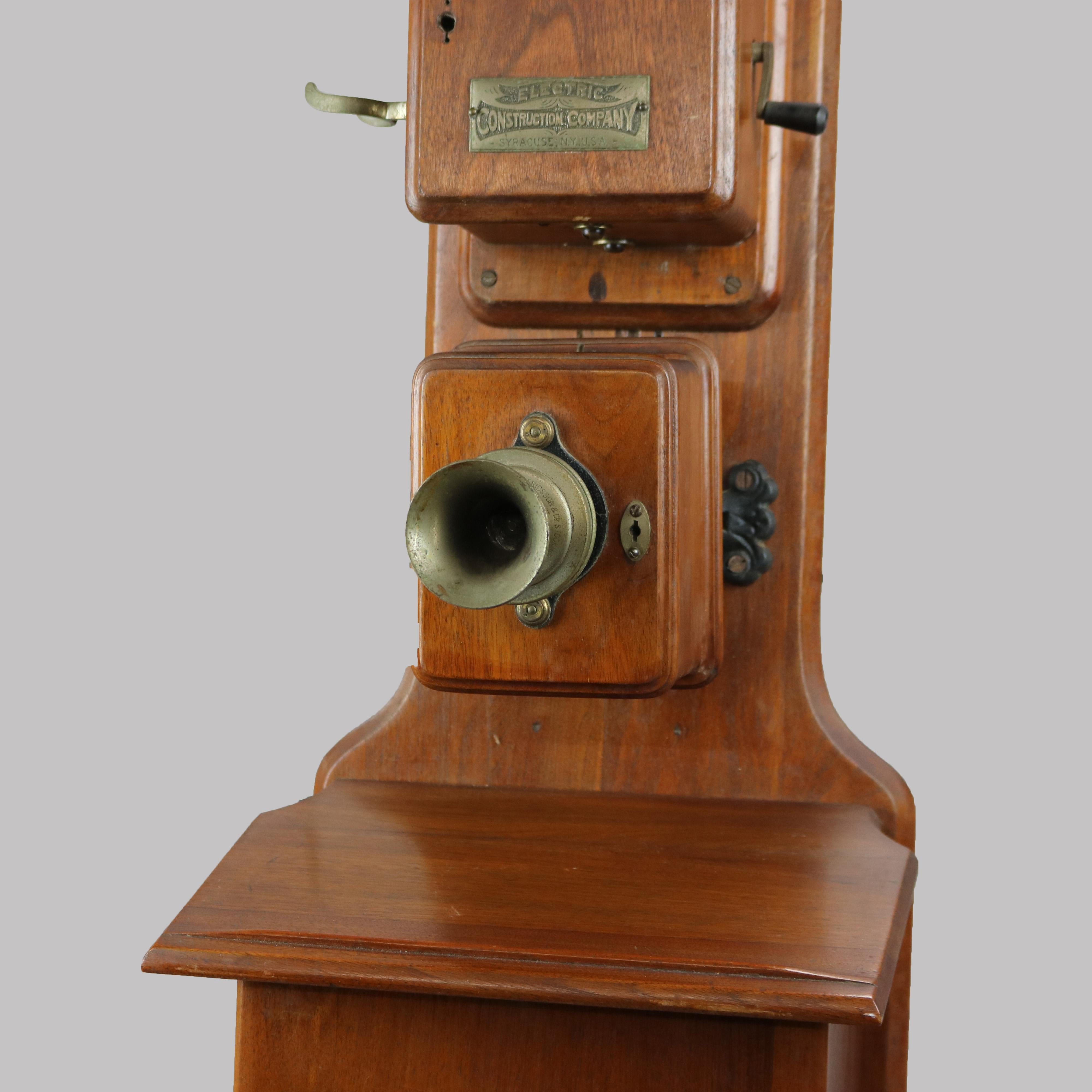 19th Century Antique Early Electric Construction Co. Syracuse NY Walnut Wall Telephone 19th C