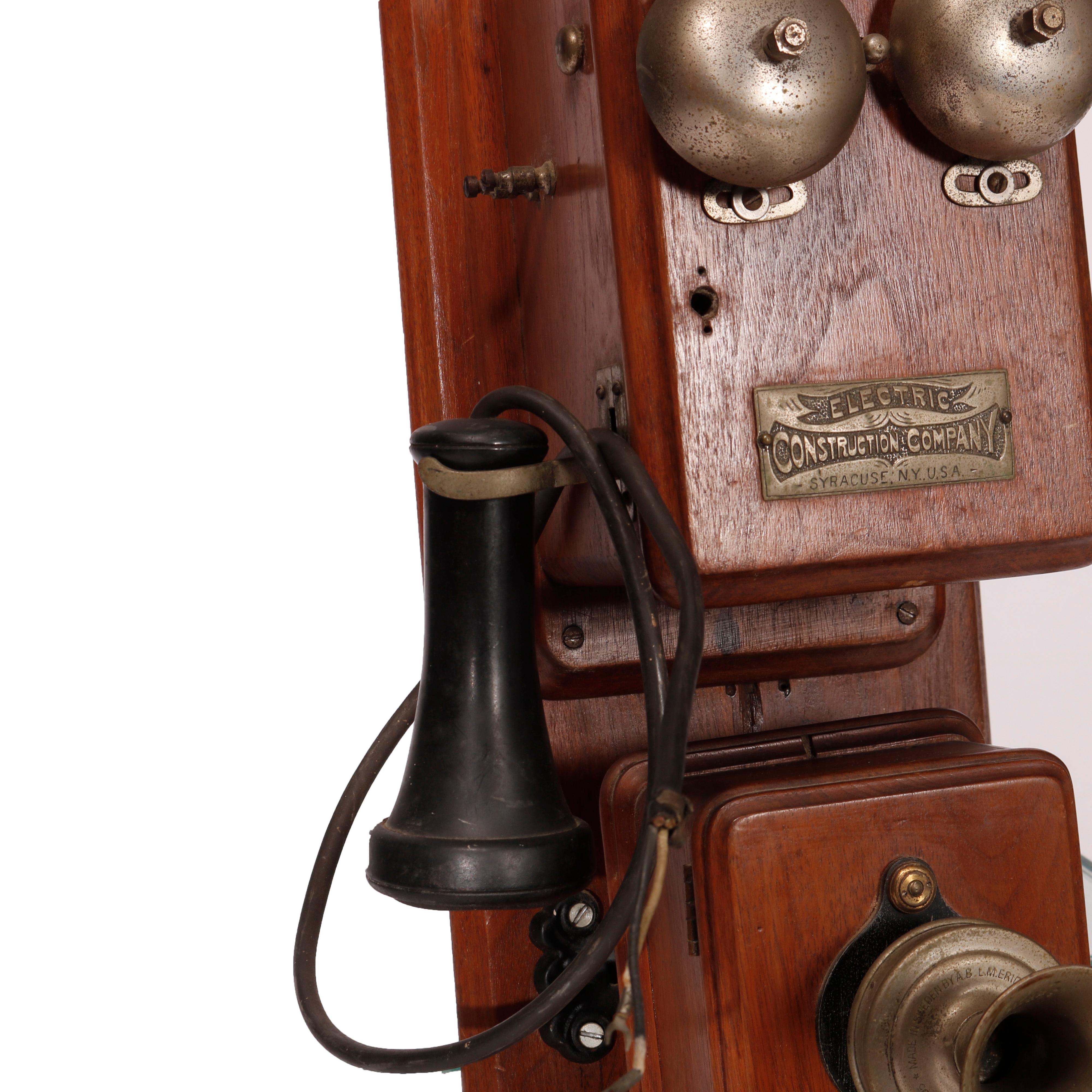 Antique Early Electric Construction Co. Syracuse NY Walnut Wall Telephone 19th C 2