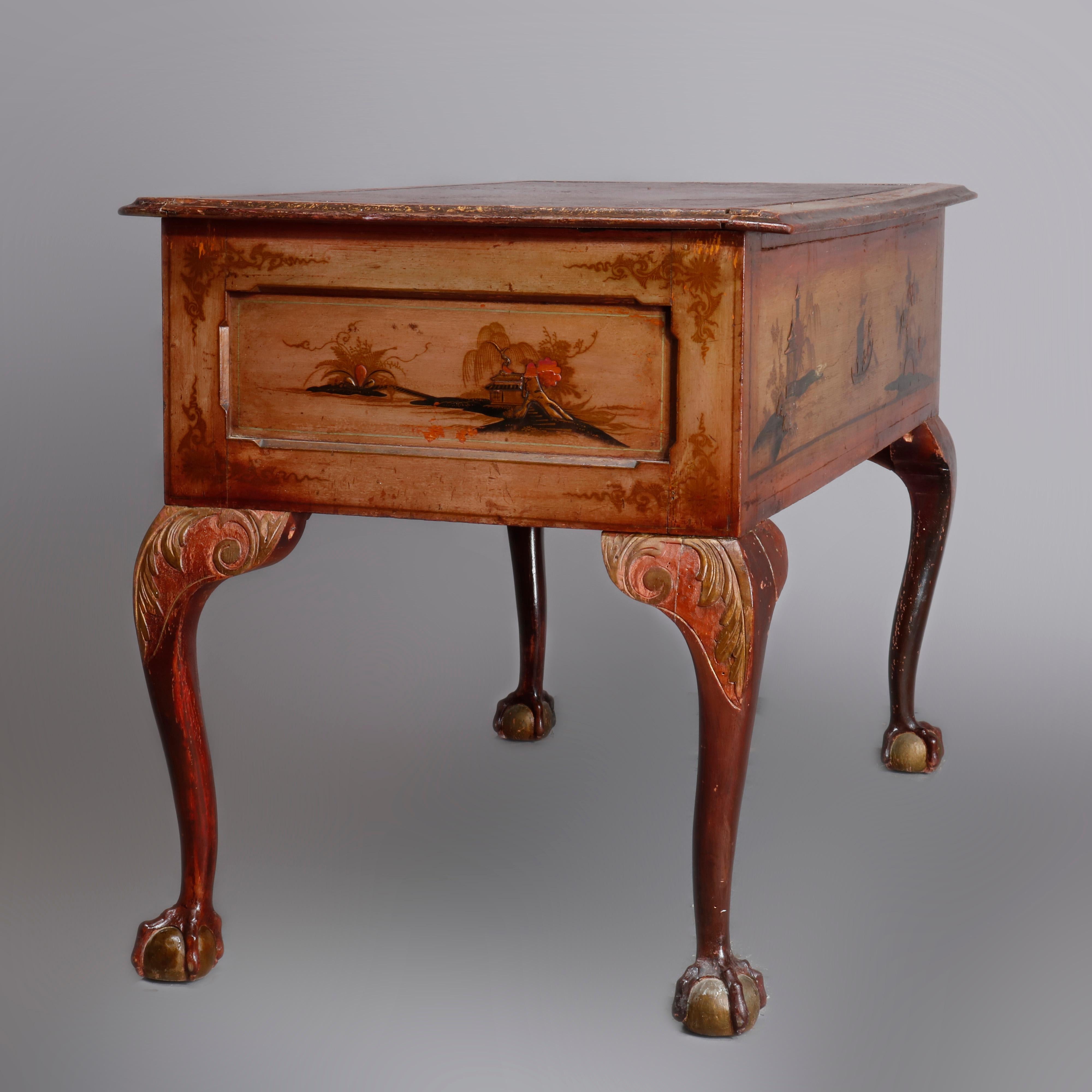 An early antique English Chippendale writing desk offers hand painted and gilt chinoiserie decorated top with leather writing surface surmounting decorated case having 5 drawers and raised on carved cabriole legs having acanthus foliate knees and