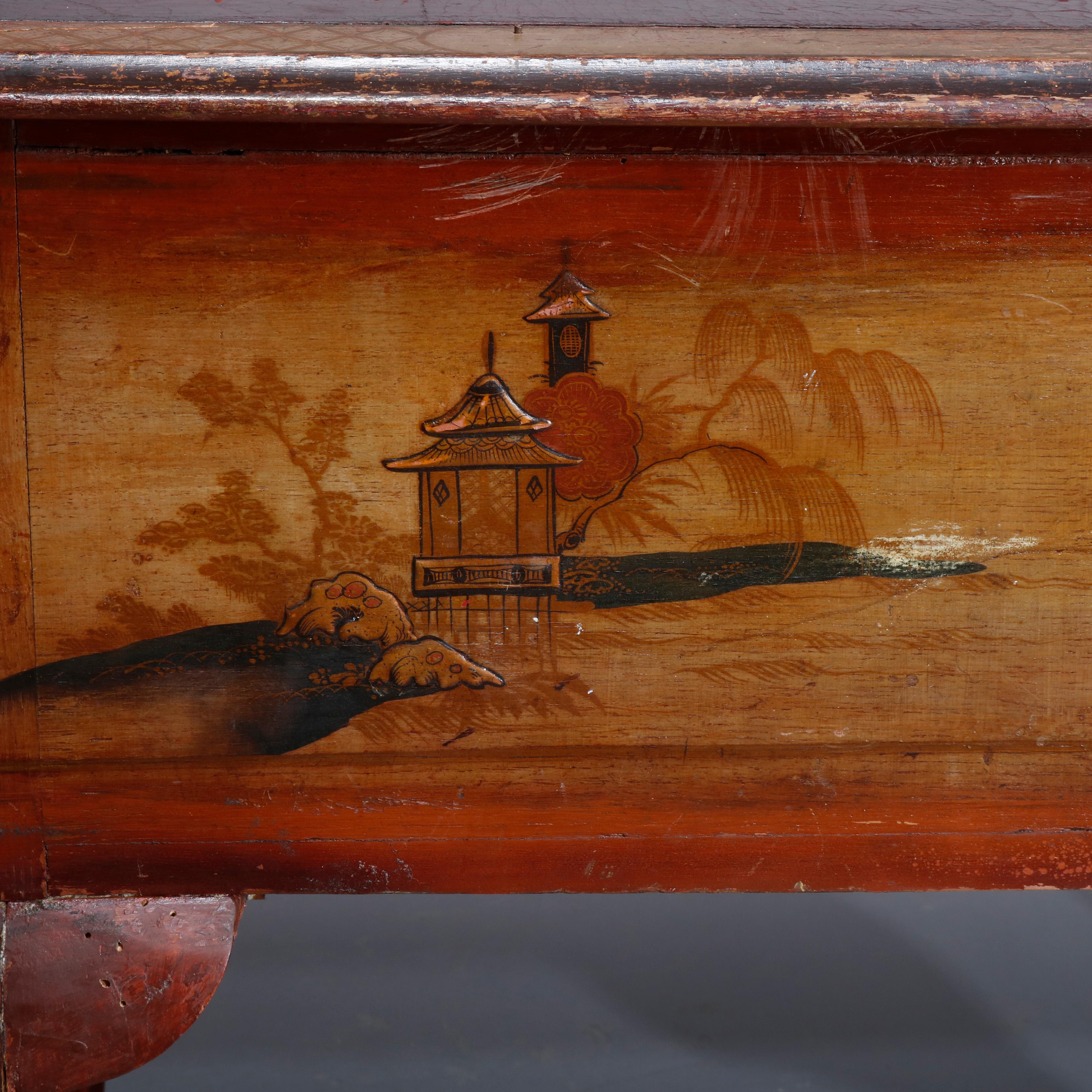 Leather Antique Early English Chippendale Chinoiserie Decorated Writing Desk, circa 1830