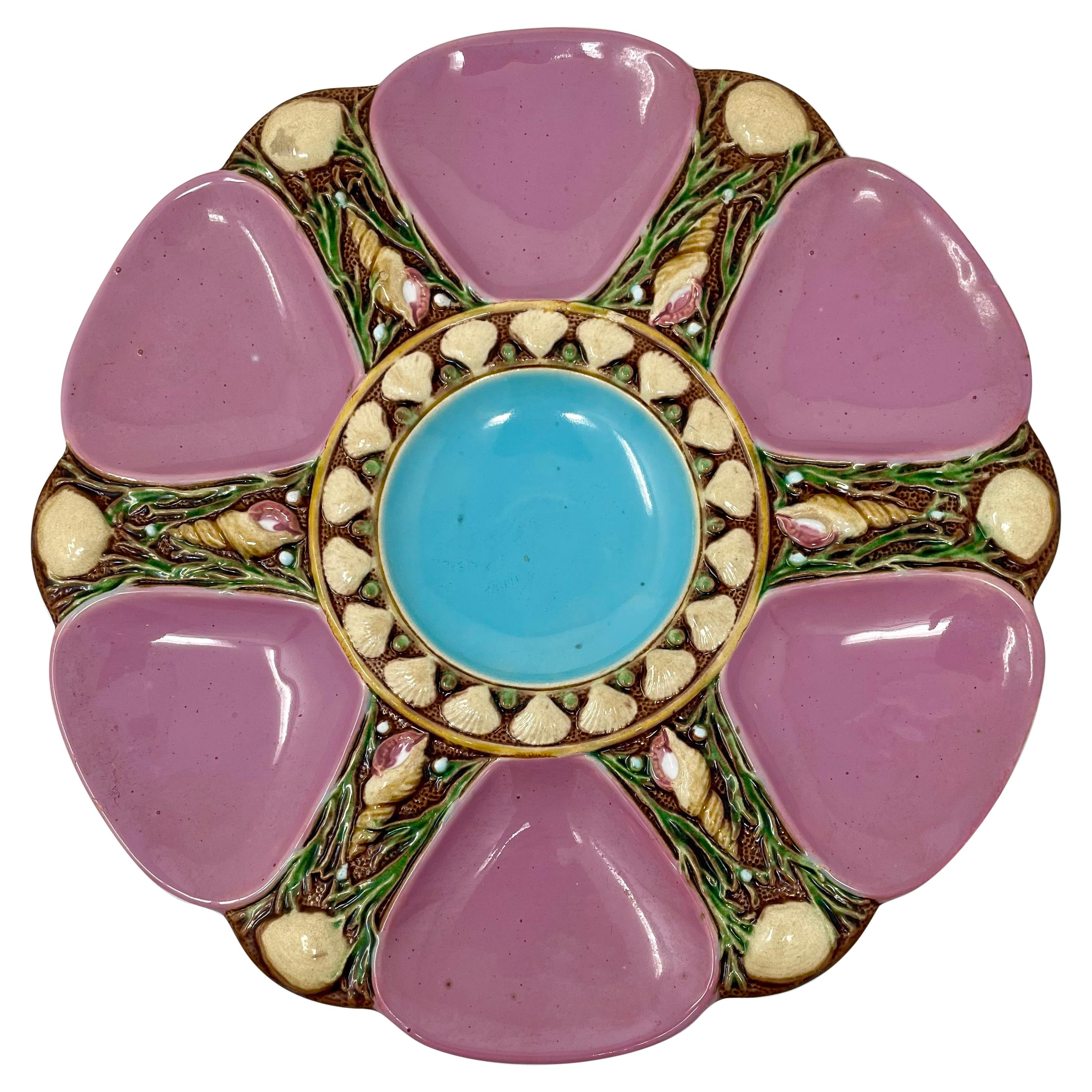 Antique Early English Minton Majolica Porcelain Pink Oyster Plate, Circa 1875 For Sale