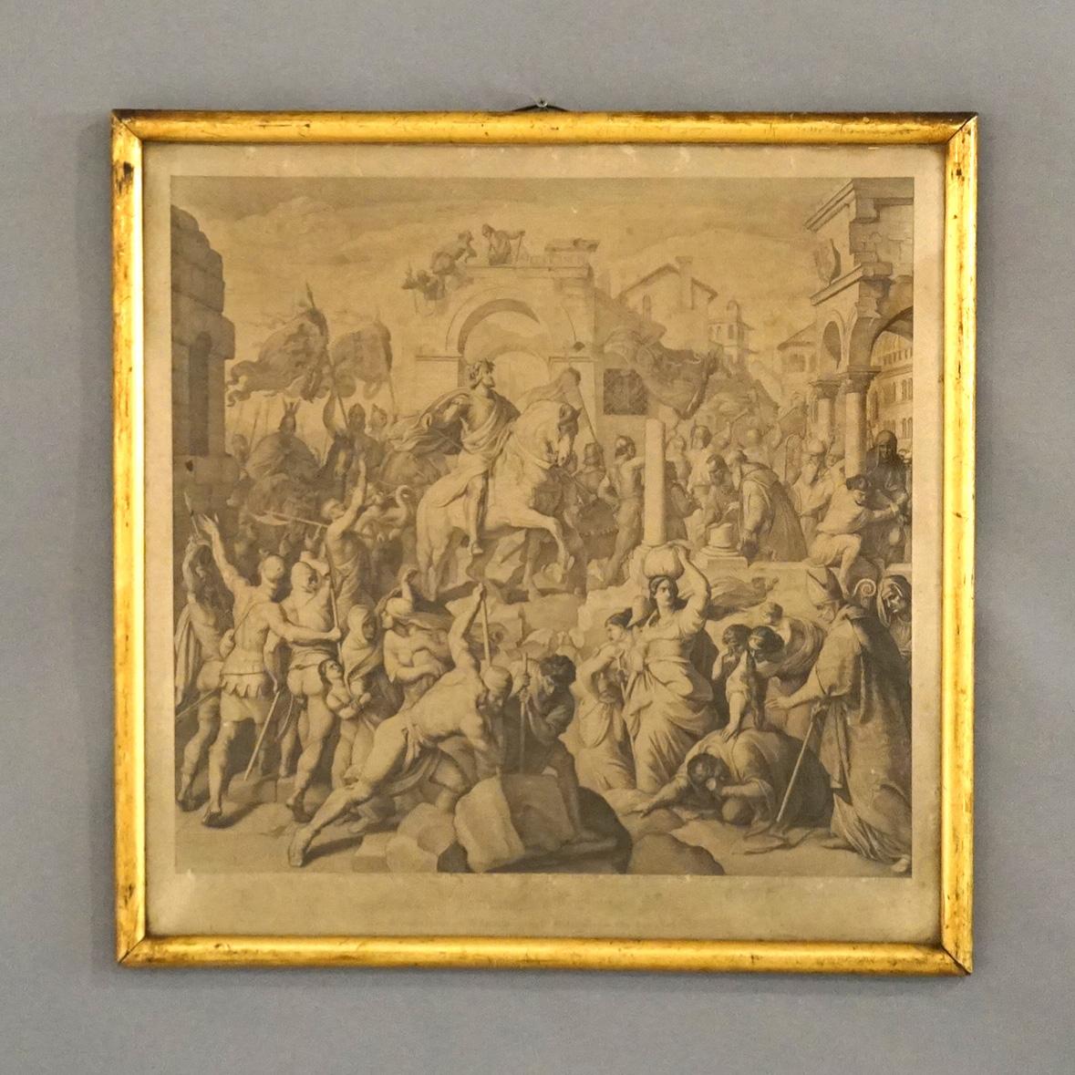 Antique Early Engraving of Classical Scene in Giltwood Frame, Dated 1842 In Good Condition For Sale In Big Flats, NY