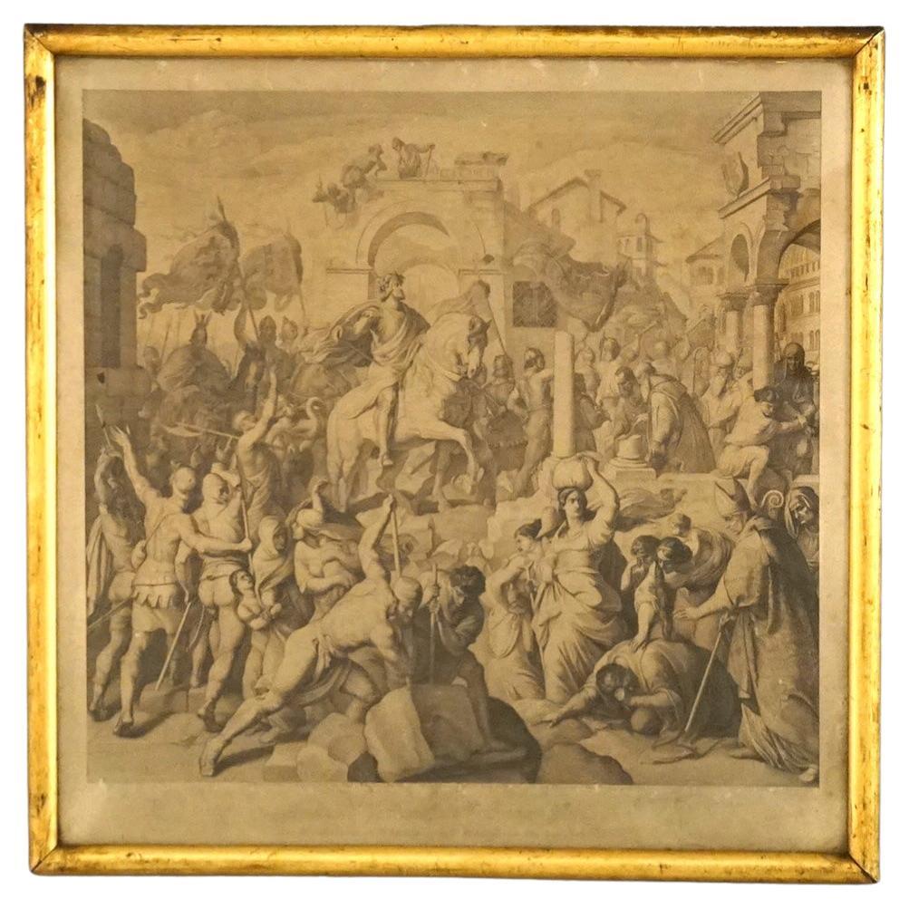 Antique Early Engraving of Classical Scene in Giltwood Frame, Dated 1842