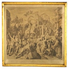 Antike frühe Gravur der klassischen Szene in vergoldetem Holzrahmen, datiert 1842