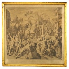 Antique Early Engraving of Classical Scene in Giltwood Frame, Dated 1842