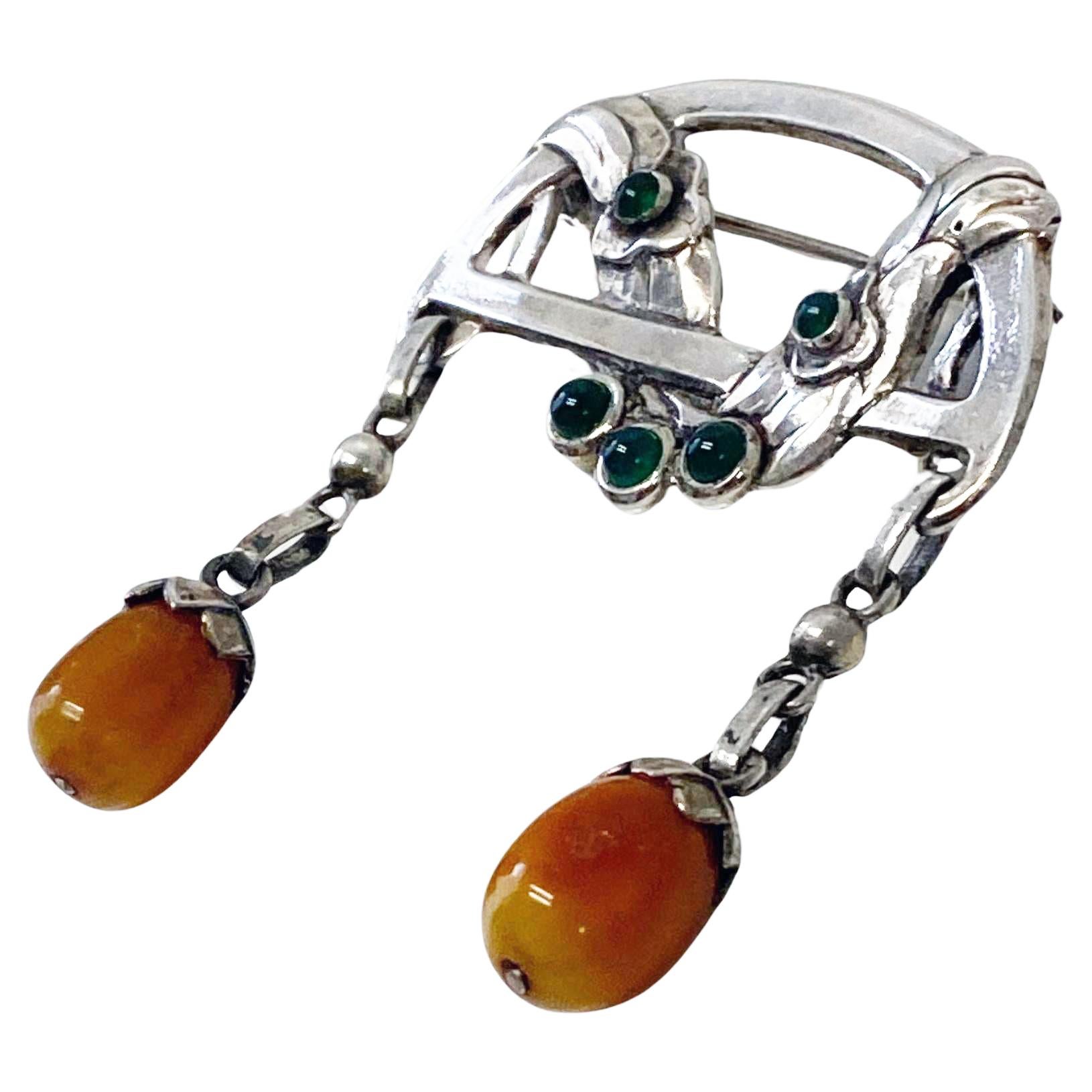 Cabochon Antique early Georg Jensen Amber and Agate Brooch C.1908 design #8 For Sale