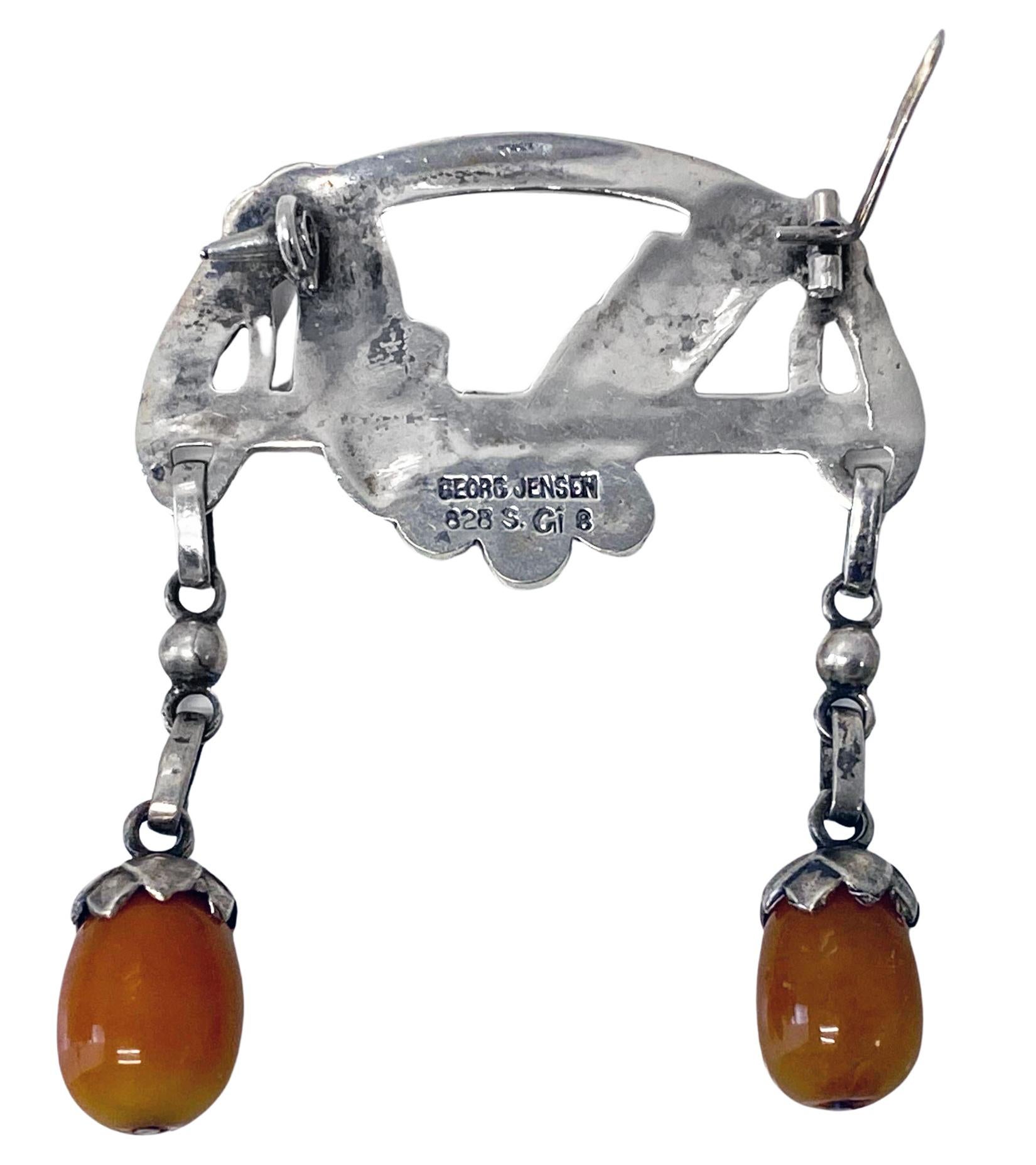 Georg Jensen Broche ancienne en ambre et agate C.1908 design n°8 Bon état - En vente à Toronto, ON