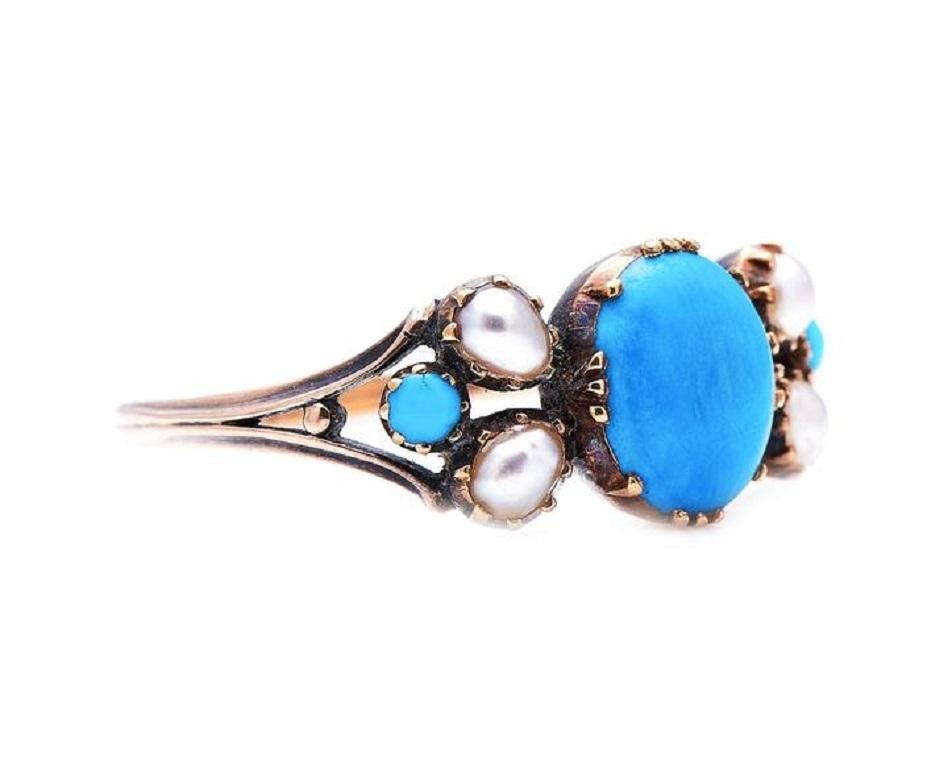 Natural Turquoise and Pearl Ring. Turquoise is a bright blue to greenish stone that is cryptocrystalline, meaning that it is actually made of millions of tiny crystals, invisible to the naked eye. It has a long and distinguished history, and is one