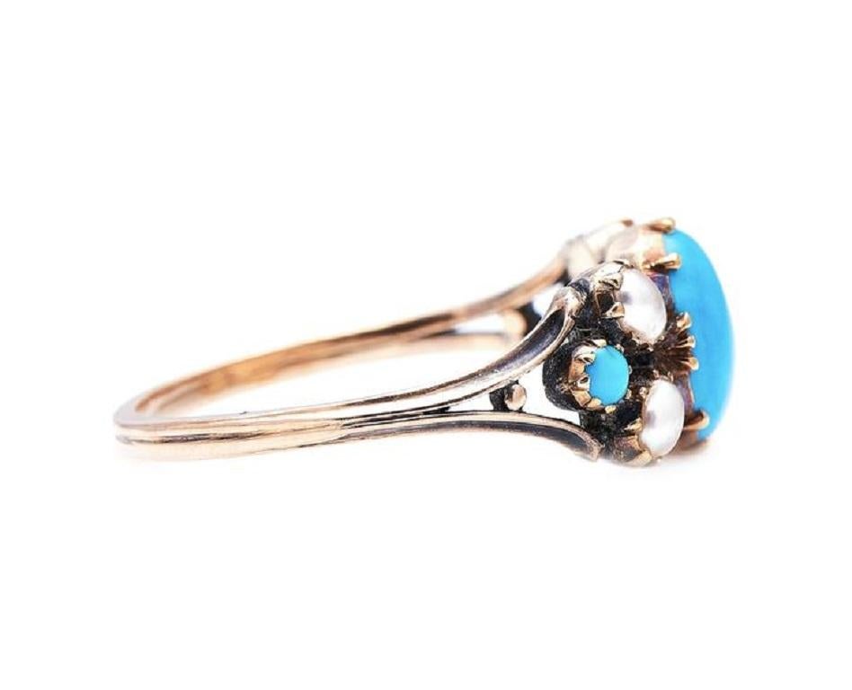 Cabochon Antique, Early Georgian, 15ct Gold, Natural Turquoise and Pearl Ring For Sale