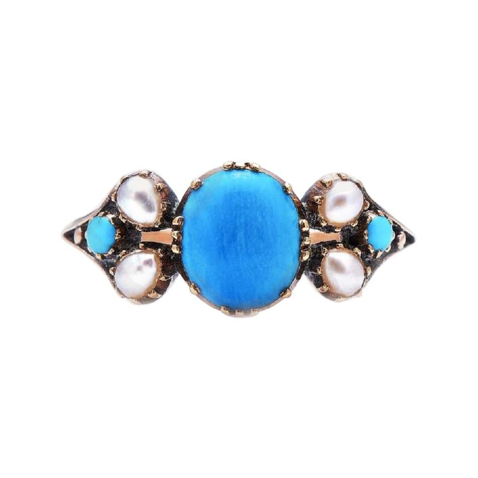 Antique, Early Georgian, 15ct Gold, Natural Turquoise and Pearl Ring For Sale