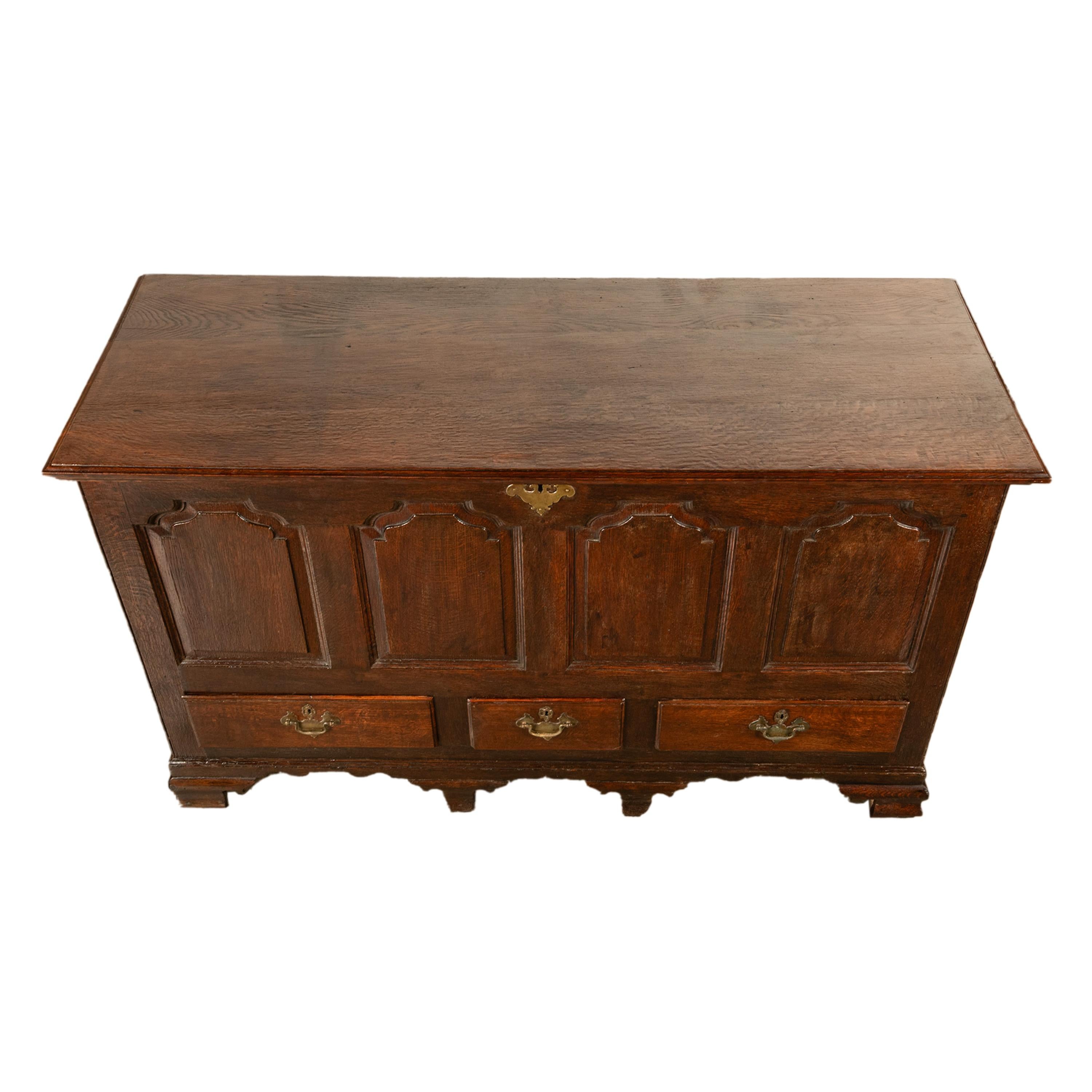Antique Early Georgian Large 4 Panel 3 Drawer Hinged Top Mule Chest Coffer 1740 For Sale 6