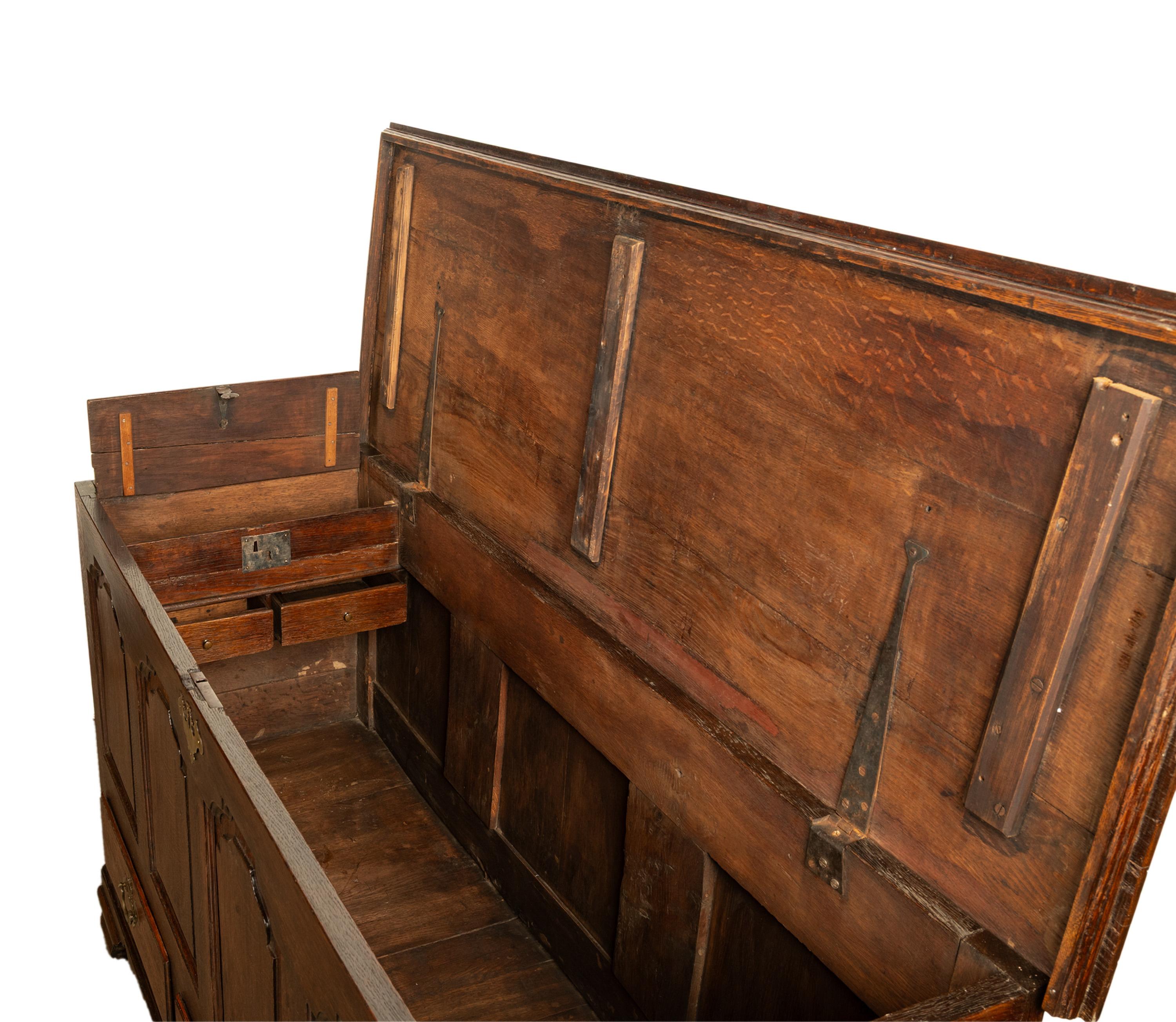 Antique Early Georgian Large 4 Panel 3 Drawer Hinged Top Mule Chest Coffer 1740 For Sale 8