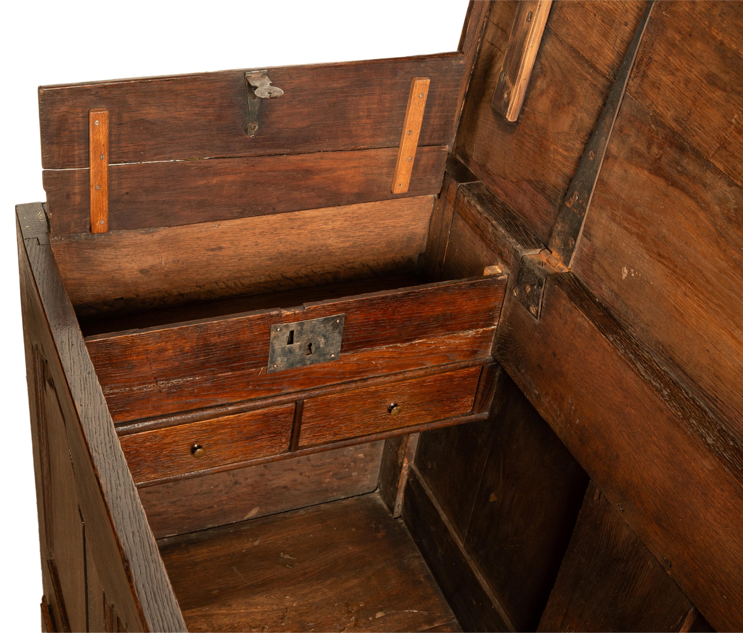 Antique Early Georgian Large 4 Panel 3 Drawer Hinged Top Mule Chest Coffer 1740 For Sale 9