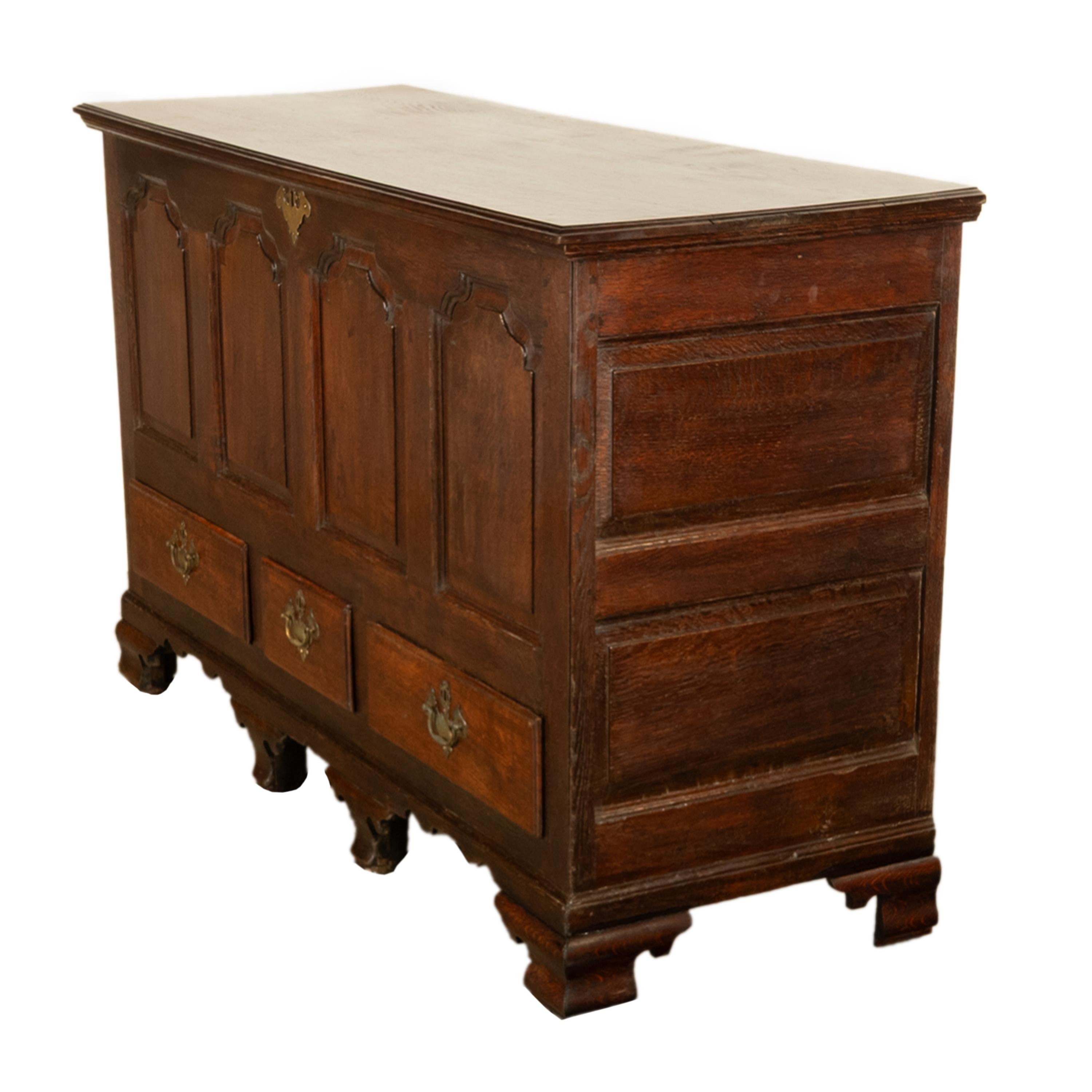 George II Antique Early Georgian Large 4 Panel 3 Drawer Hinged Top Mule Chest Coffer 1740 For Sale
