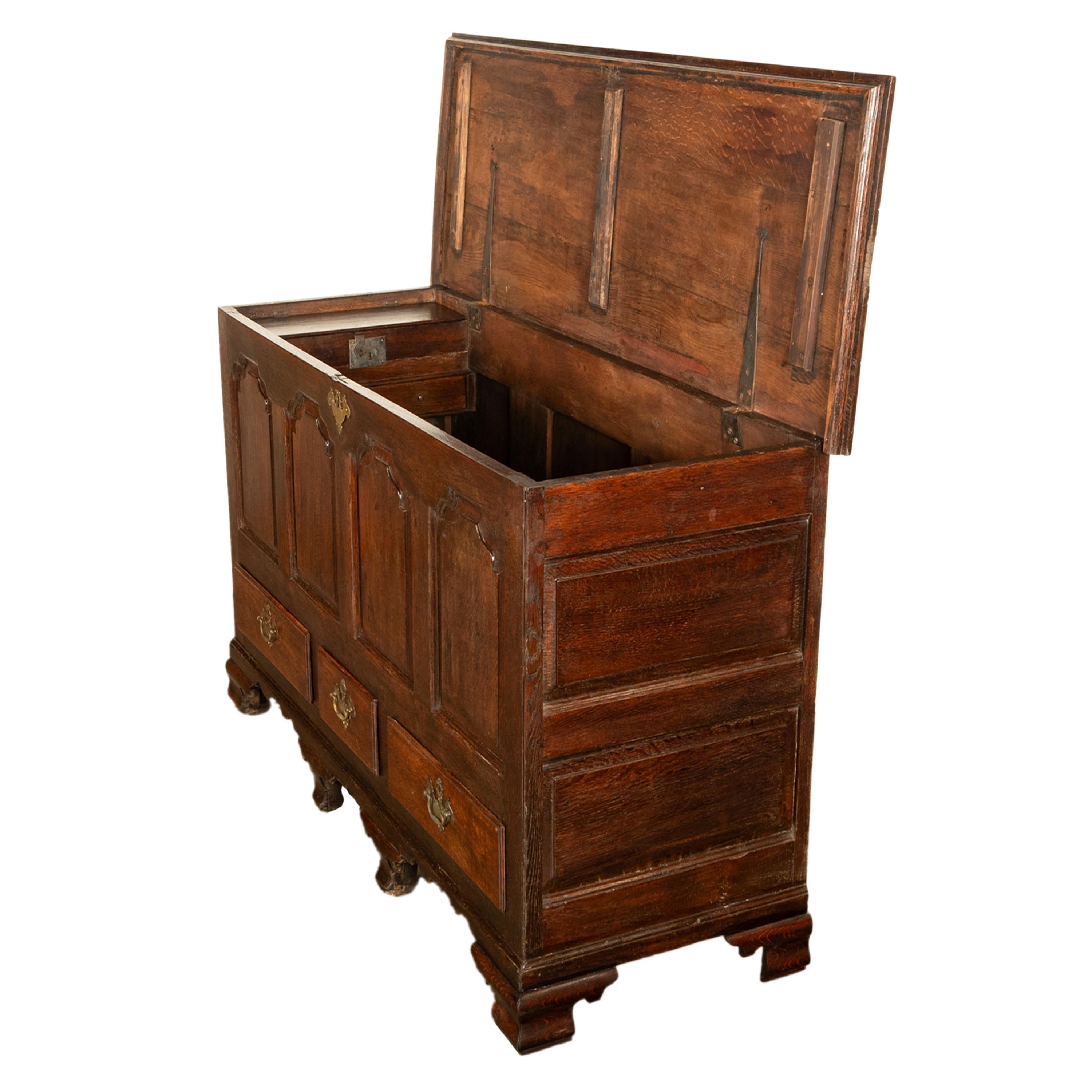 Oak Antique Early Georgian Large 4 Panel 3 Drawer Hinged Top Mule Chest Coffer 1740 For Sale