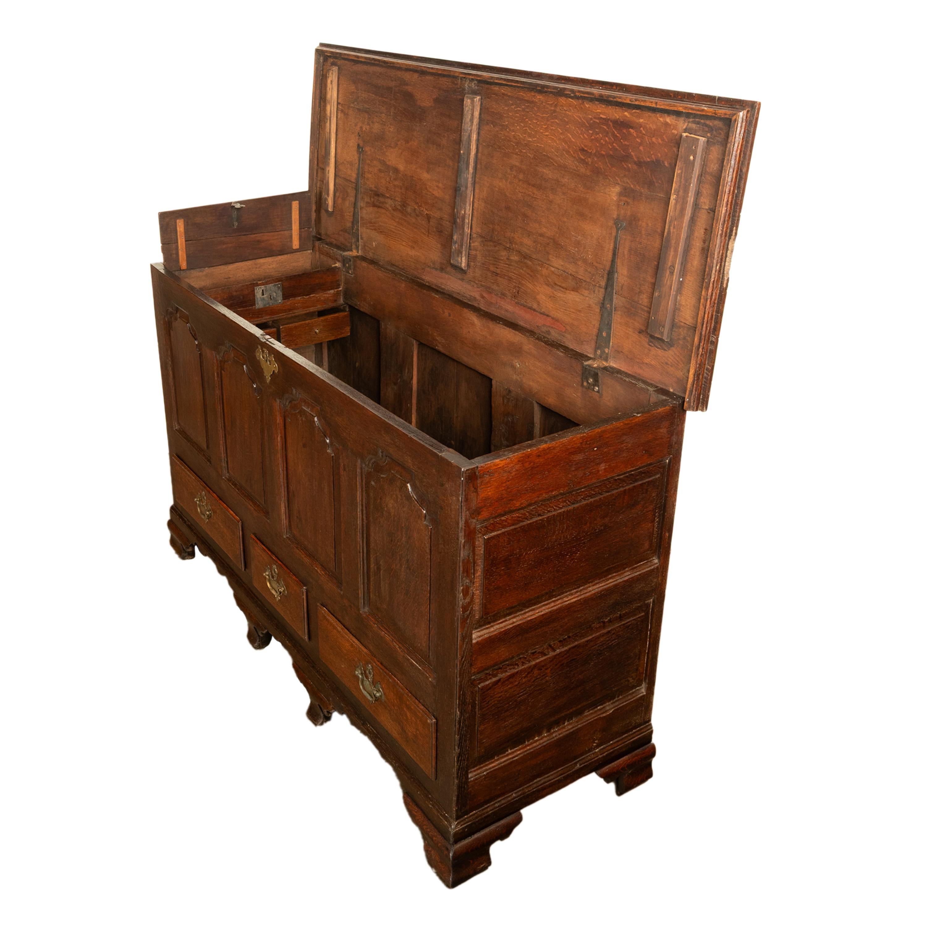 Antique Early Georgian Large 4 Panel 3 Drawer Hinged Top Mule Chest Coffer 1740 For Sale 1