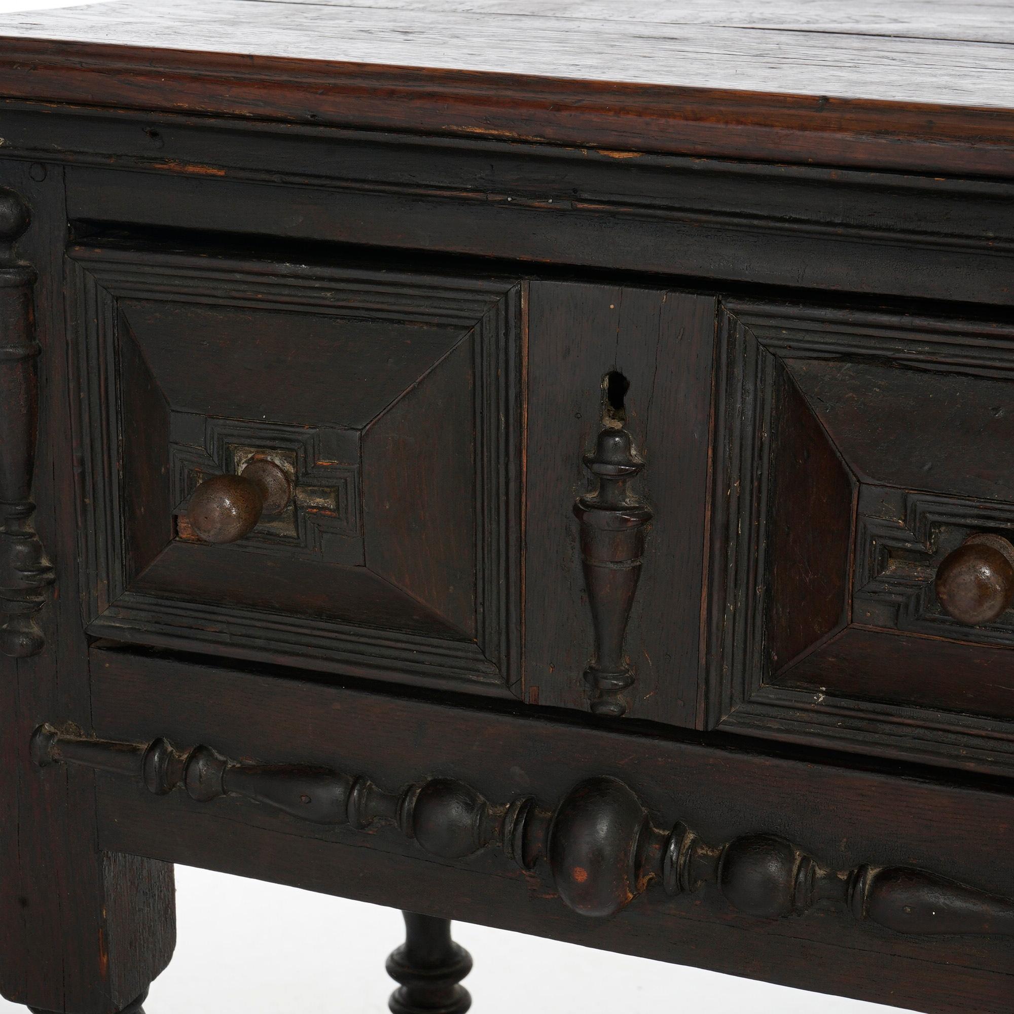 Antique Early Jacobean Carved English Oak Triple Drawer Sideboard 18th C 6