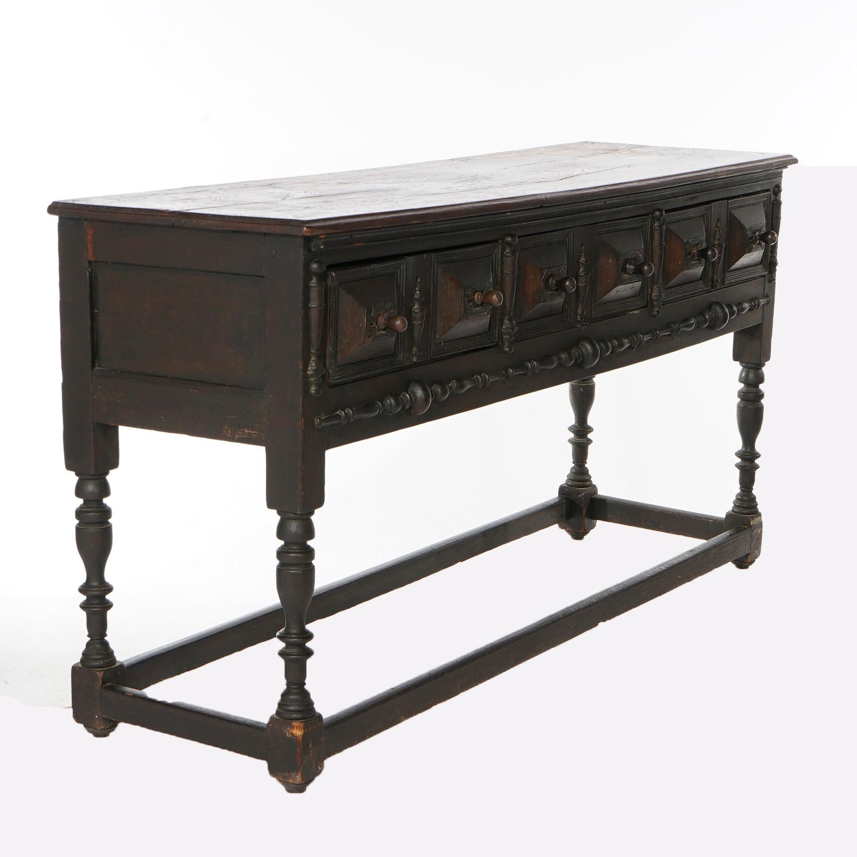 Antique Early Jacobean Carved English Oak Triple Drawer Sideboard 18th C In Good Condition In Big Flats, NY