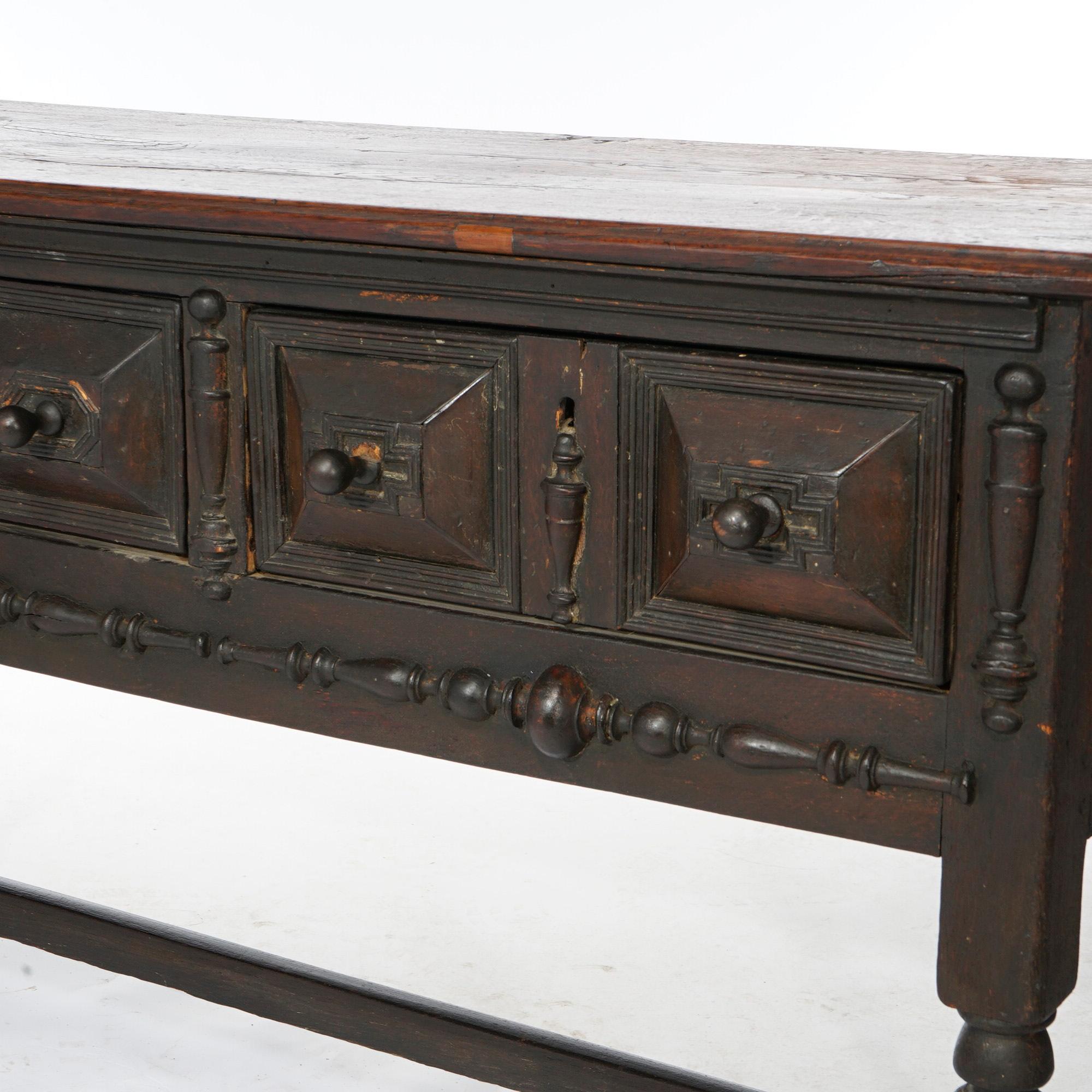 Antique Early Jacobean Carved English Oak Triple Drawer Sideboard 18th C 4