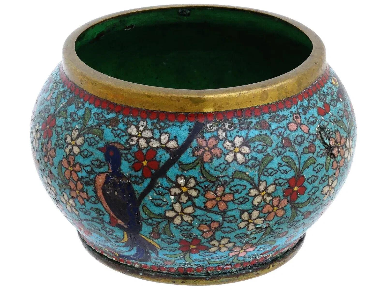 Eine japanische Emailleschale aus dem 19. Die Oberfläche der Schale ist mit einer mehrfarbigen Darstellung von Vögeln emailliert, die von Blumen- und Laubmustern umgeben sind, die in der Cloisonne-Technik hergestellt wurden. Der Hals und der Sockel