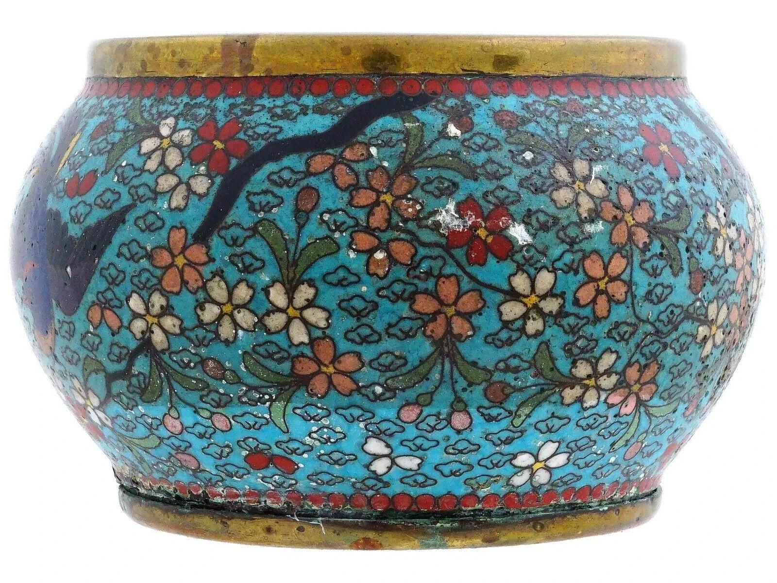Antike frühe japanische Meiji-Emaille-Schale mit Cloisonné-Vogeln im Blumenmuster aus der Meiji-Zeit im Zustand „Gut“ im Angebot in New York, NY