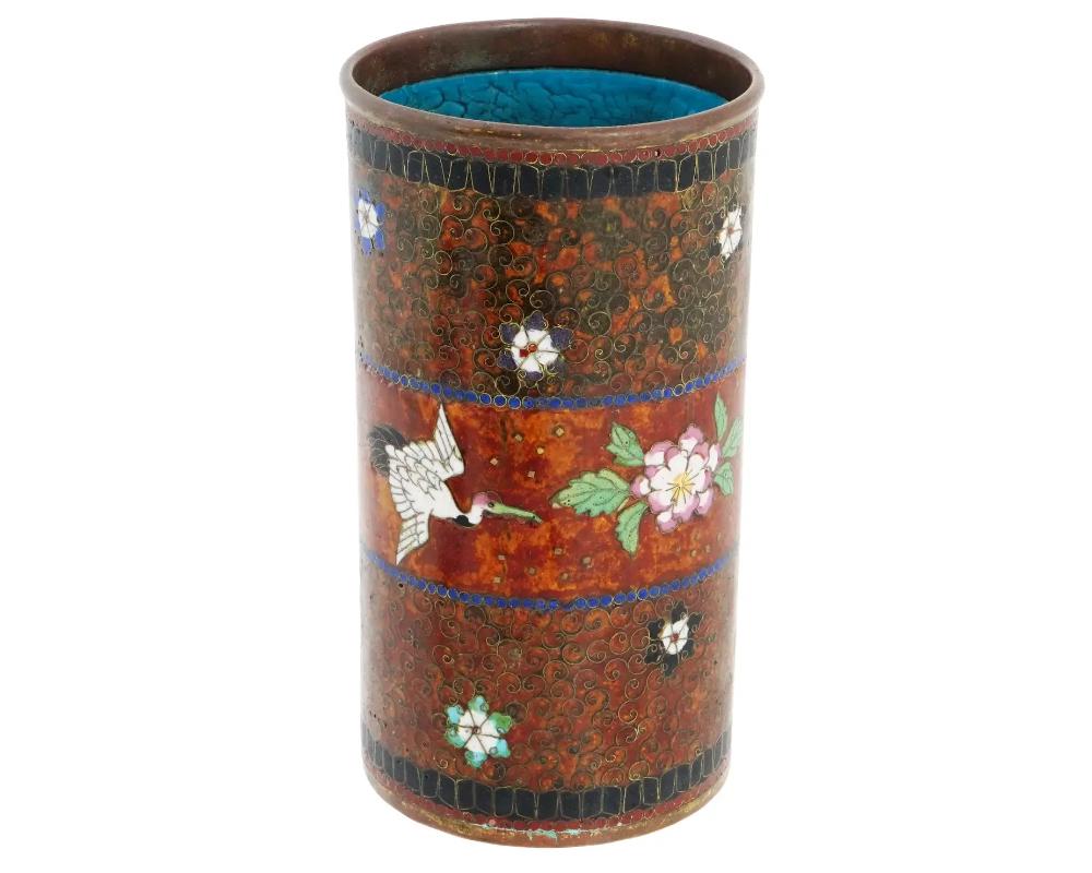 19th Century Antique Early Meiji Japanese Cloisonne Brush Pot with Crane in the Style of Nami For Sale
