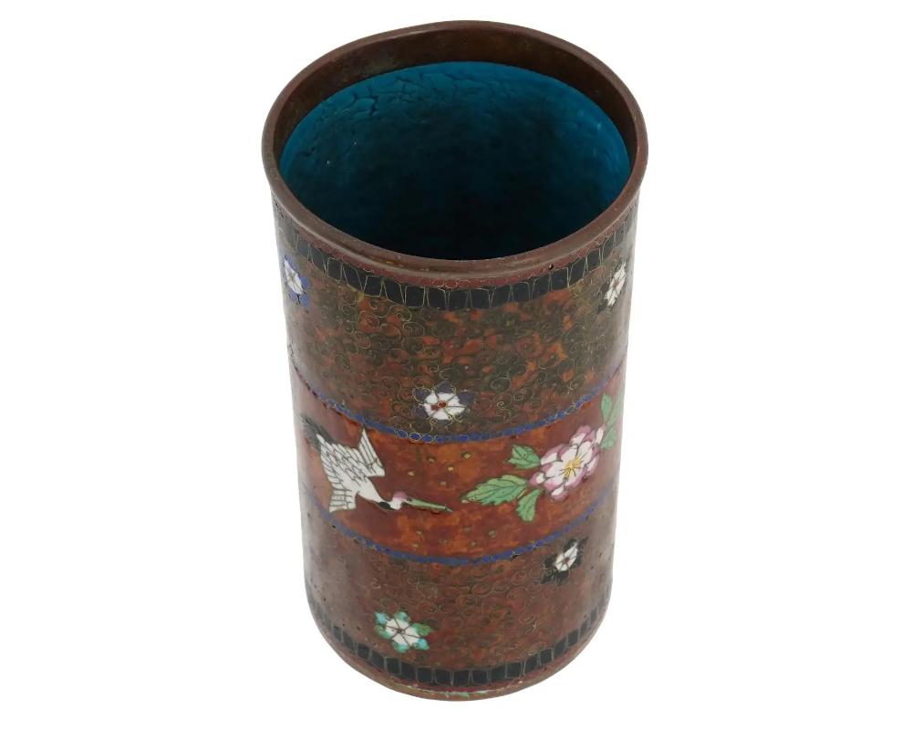 Enamel Antique Early Meiji Japanese Cloisonne Brush Pot with Crane in the Style of Nami For Sale