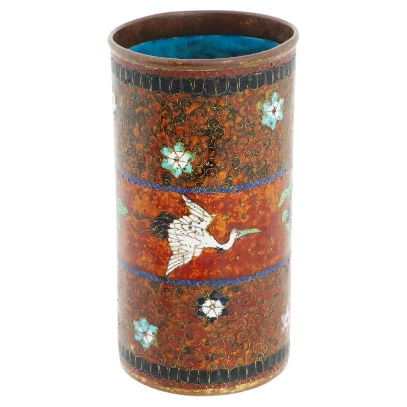 Antique Early Meiji Japanese Cloisonne Brush Pot with Crane in the Style of Nami