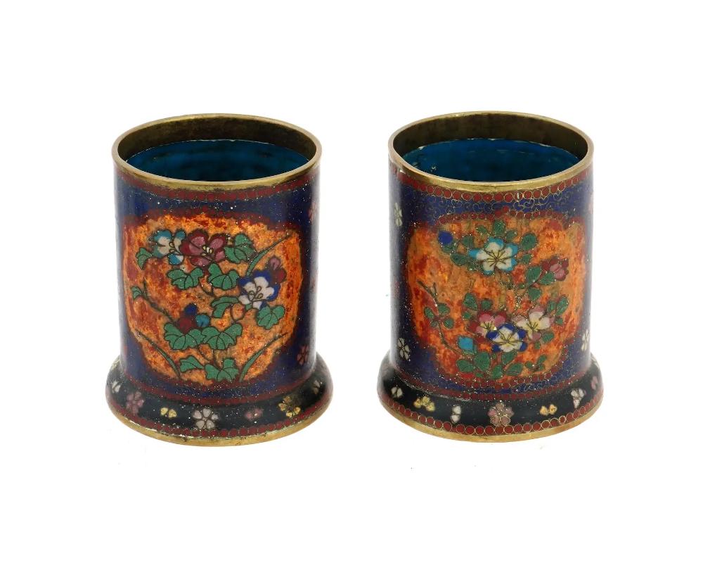 Antique Early Meiji Japanese Cloisonne Enamel Brush Pots in the Style of Namikaw In Good Condition For Sale In New York, NY