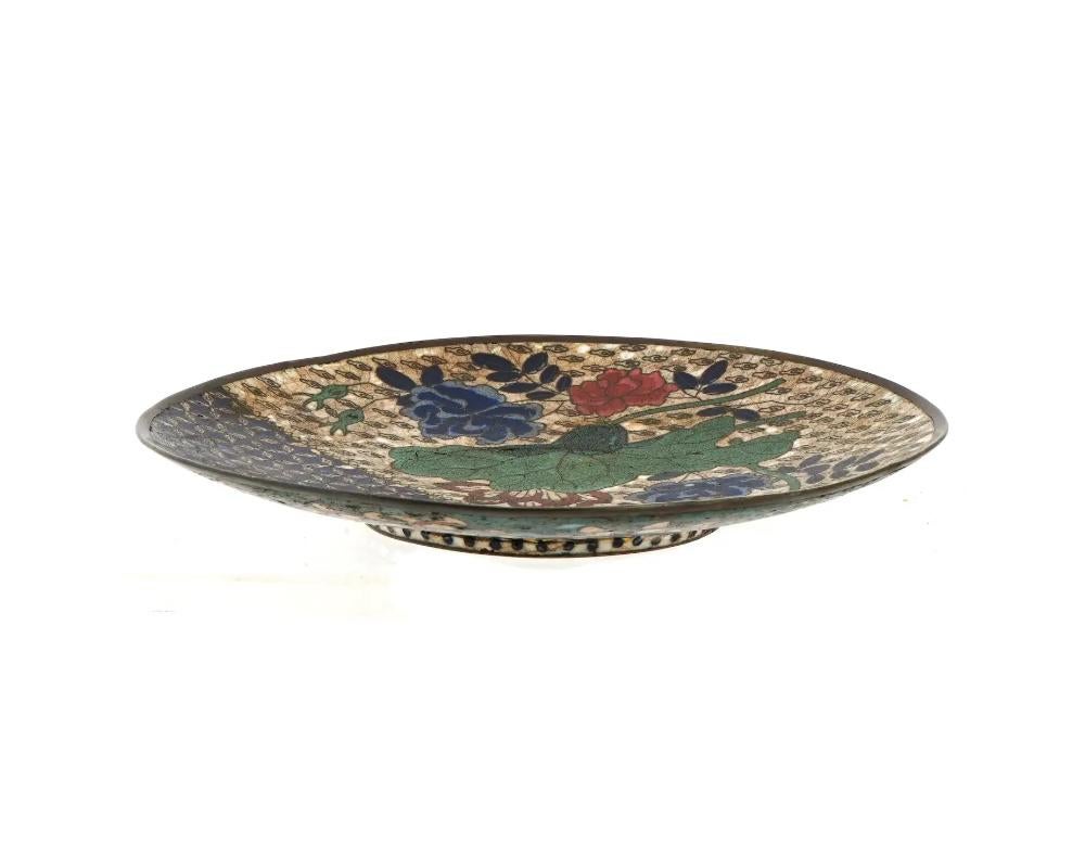 Cloissoné Antique Early Meiji Japanese Cloisonne Enamel Plate with Geometric Patterns For Sale