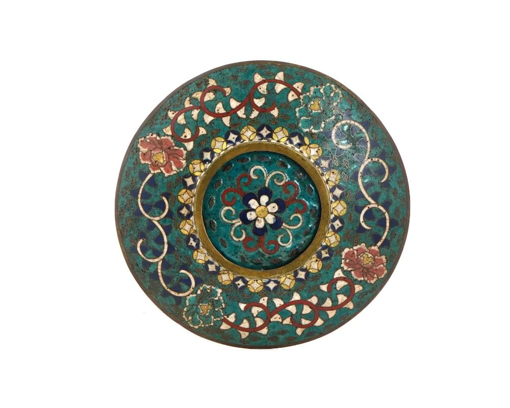 19th Century Antique Early Meiji Japanese Cloisonne Enamel Plate with Geometric Patterns For Sale