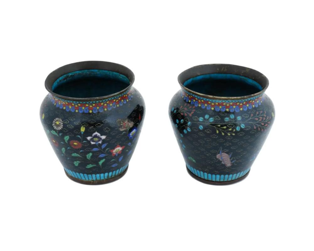 A pair of antique Japanese, early Meiji era, Translucent enamel over gilt copper vases. The exteriors of the wares are adorned with polychrome enamel designs representing bugs in blossoming flowers surrounded by a cloud ornament made in the