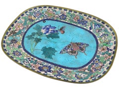 Antique Early Meiji Japanese Cloisonne Enamel White- Baby Blue Butterfly Plate