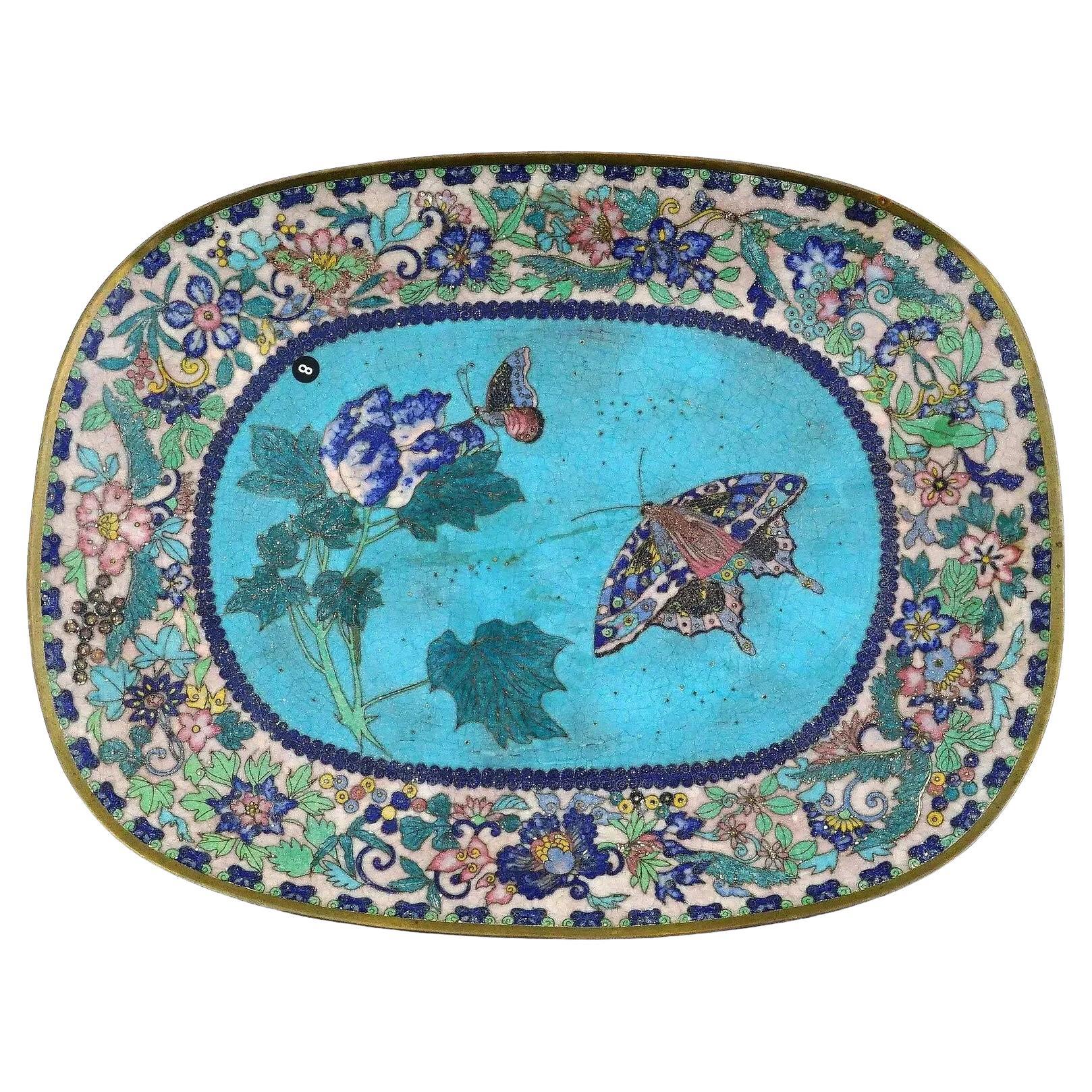 Antique Early Meiji Japanese Cloisonne Enamel White- Baby Blue Butterfly Plate
