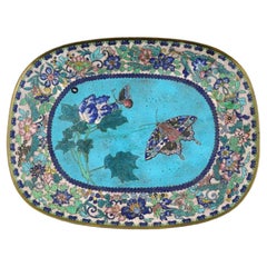 Antique Early Meiji Japanese Cloisonne Enamel White- Baby Blue Butterfly Plate
