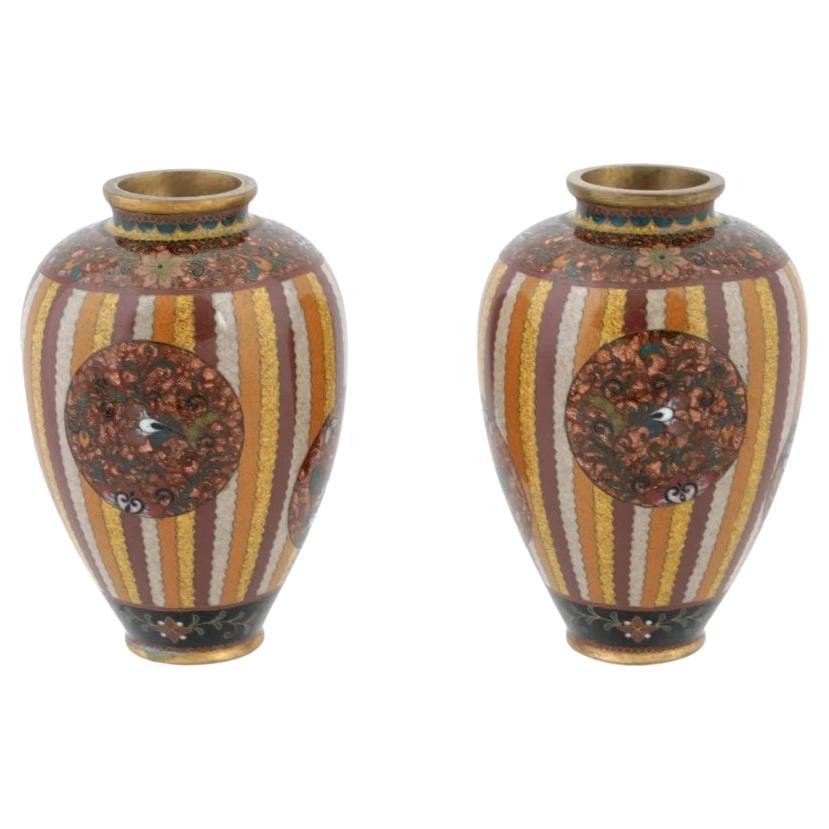 Antique Early Meiji Japanese Cloisonne Gold Stone Enamel Stripe Vases Attributed