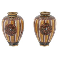 Antique Early Meiji Japanese Cloisonne Gold Stone Enamel Stripe Vases Attributed
