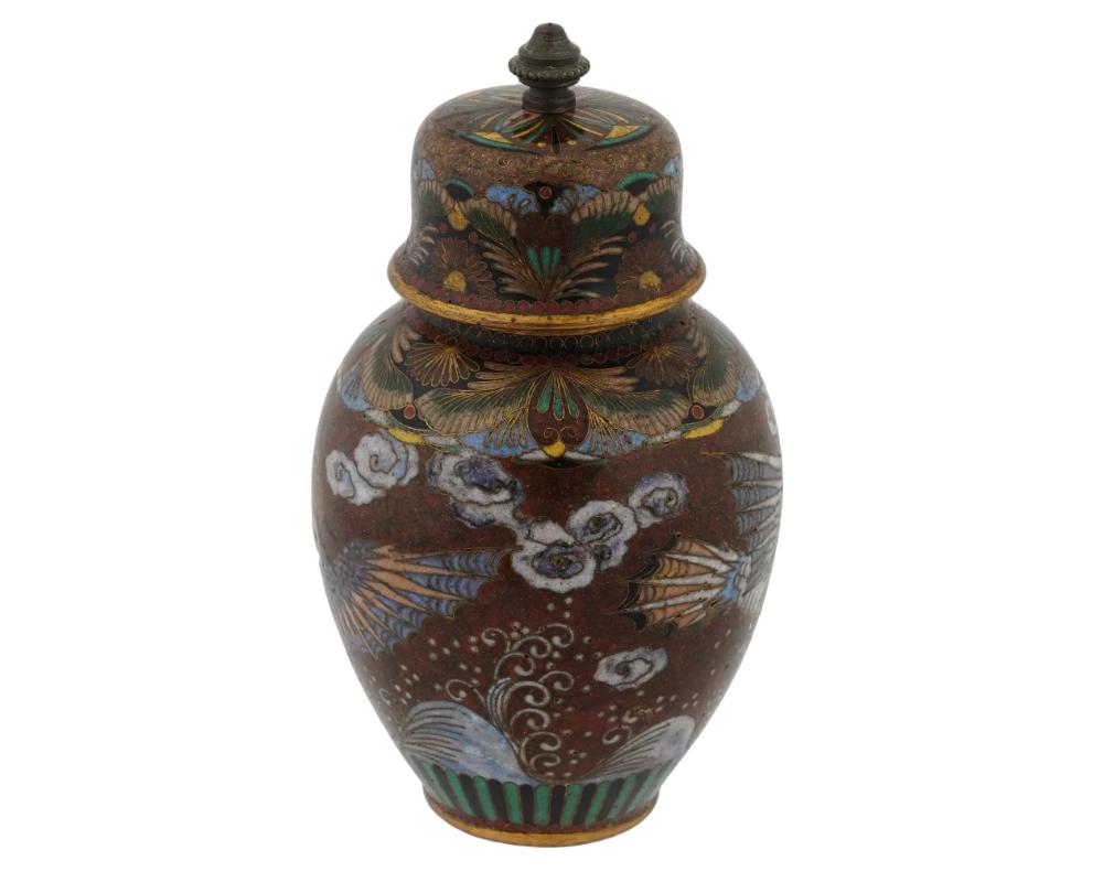 Cloissoné Antique Early Meiji Japanese Cloisonne Goldstone Enamel Double Dragon Lidded Jar For Sale