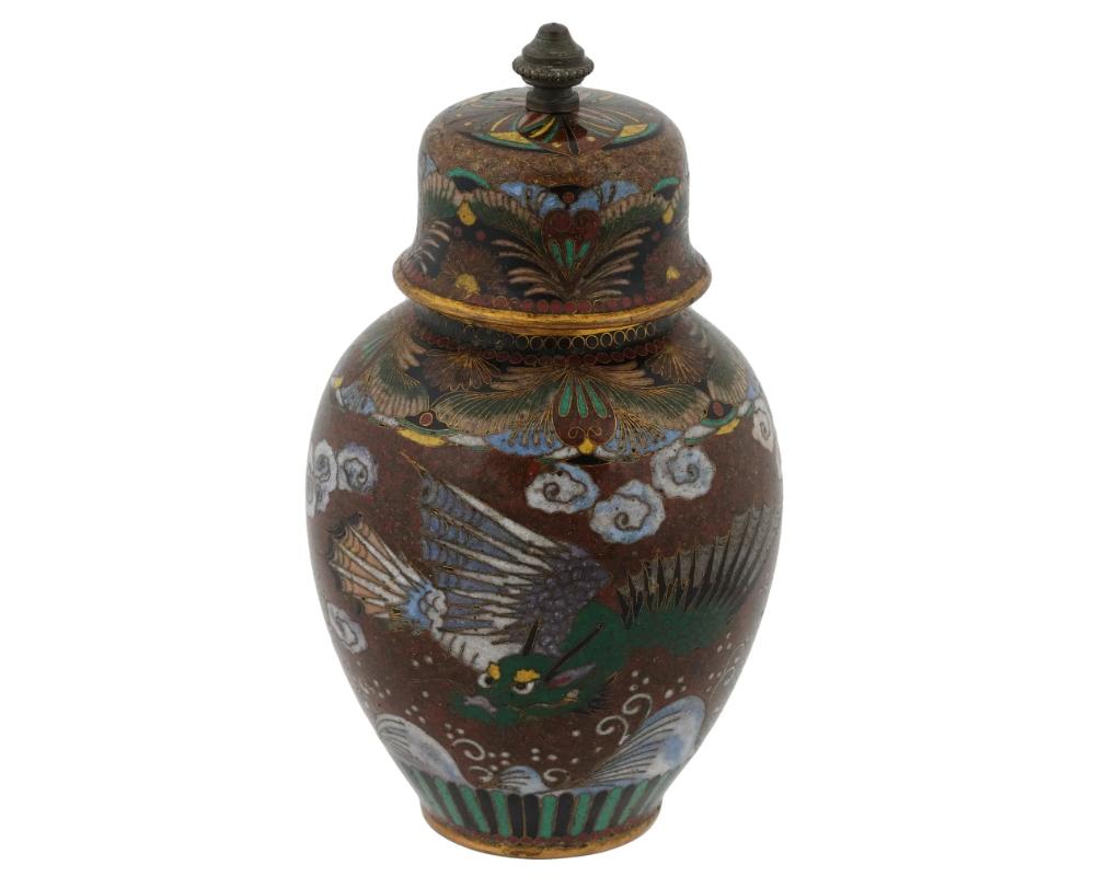 Antique Early Meiji Japanese Cloisonne Goldstone Enamel Double Dragon Lidded Jar In Good Condition For Sale In New York, NY