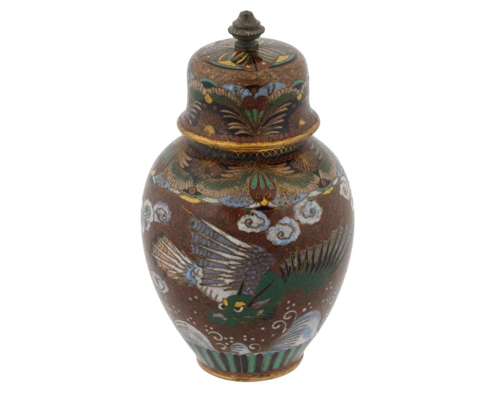 19th Century Antique Early Meiji Japanese Cloisonne Goldstone Enamel Double Dragon Lidded Jar For Sale