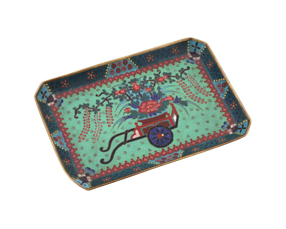 Cloissoné Antique Early Meiji Japanese Cloisonne Green Enamel Tray with Wagon Blossoming W For Sale