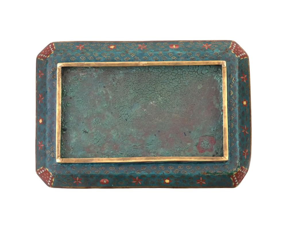 19th Century Antique Early Meiji Japanese Cloisonne Green Enamel Tray with Wagon Blossoming W For Sale
