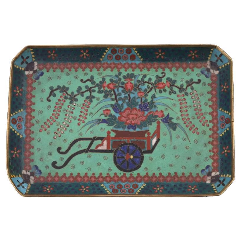 Antique Early Meiji Japanese Cloisonne Green Enamel Tray with Wagon Blossoming W