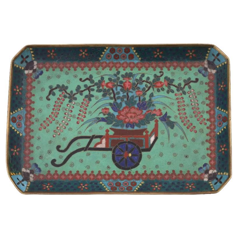 Antique Early Meiji Japanese Cloisonne Green Enamel Tray with Wagon Blossoming W For Sale